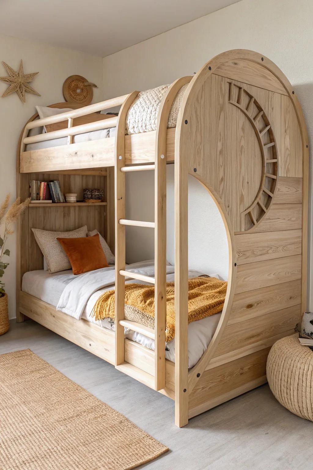 A sculptural half-moon panel turns this minimalist wooden bunk into a custom design statement.