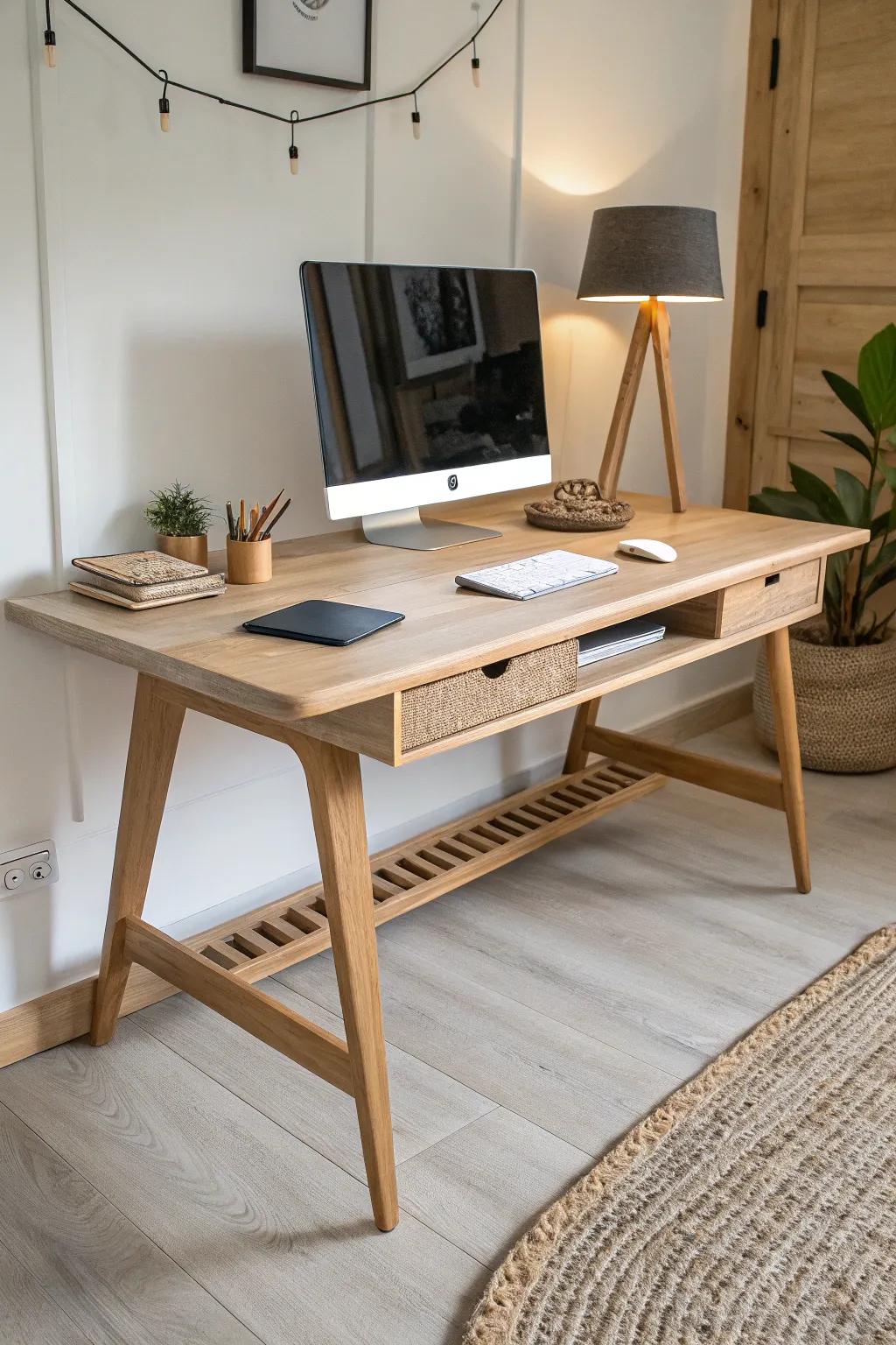 Light oak gaming desk with hidden cable trough and soft LED glow—clean, photo-ready setup.