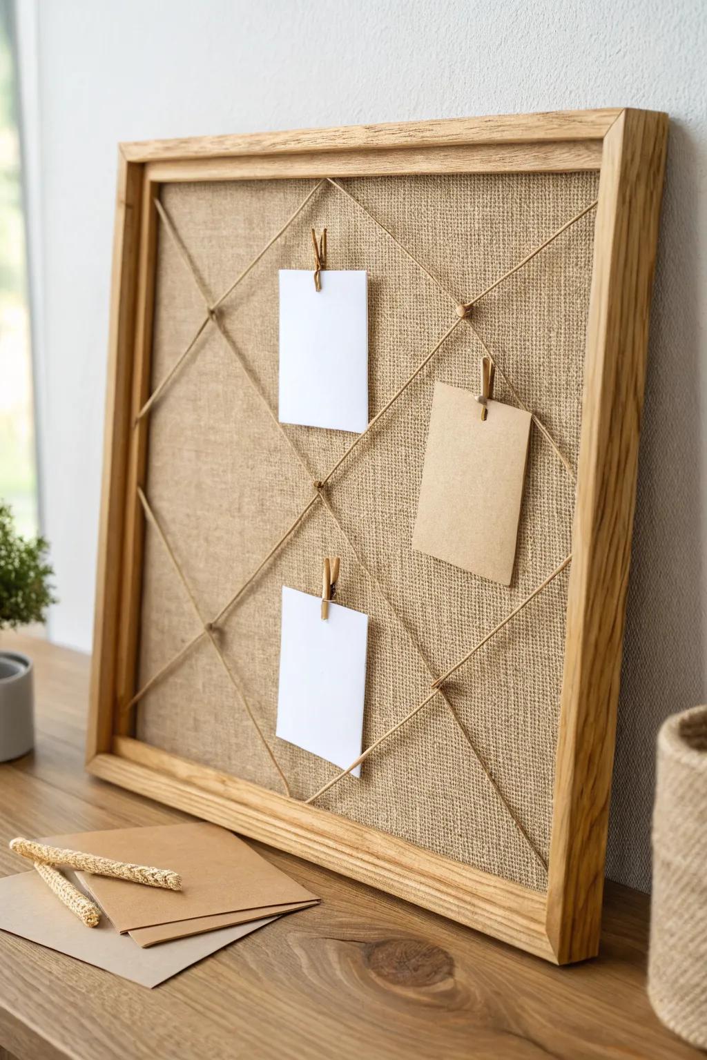 Rustic-meets-minimal: a burlap and twine farmhouse board that makes desk reminders feel charming.