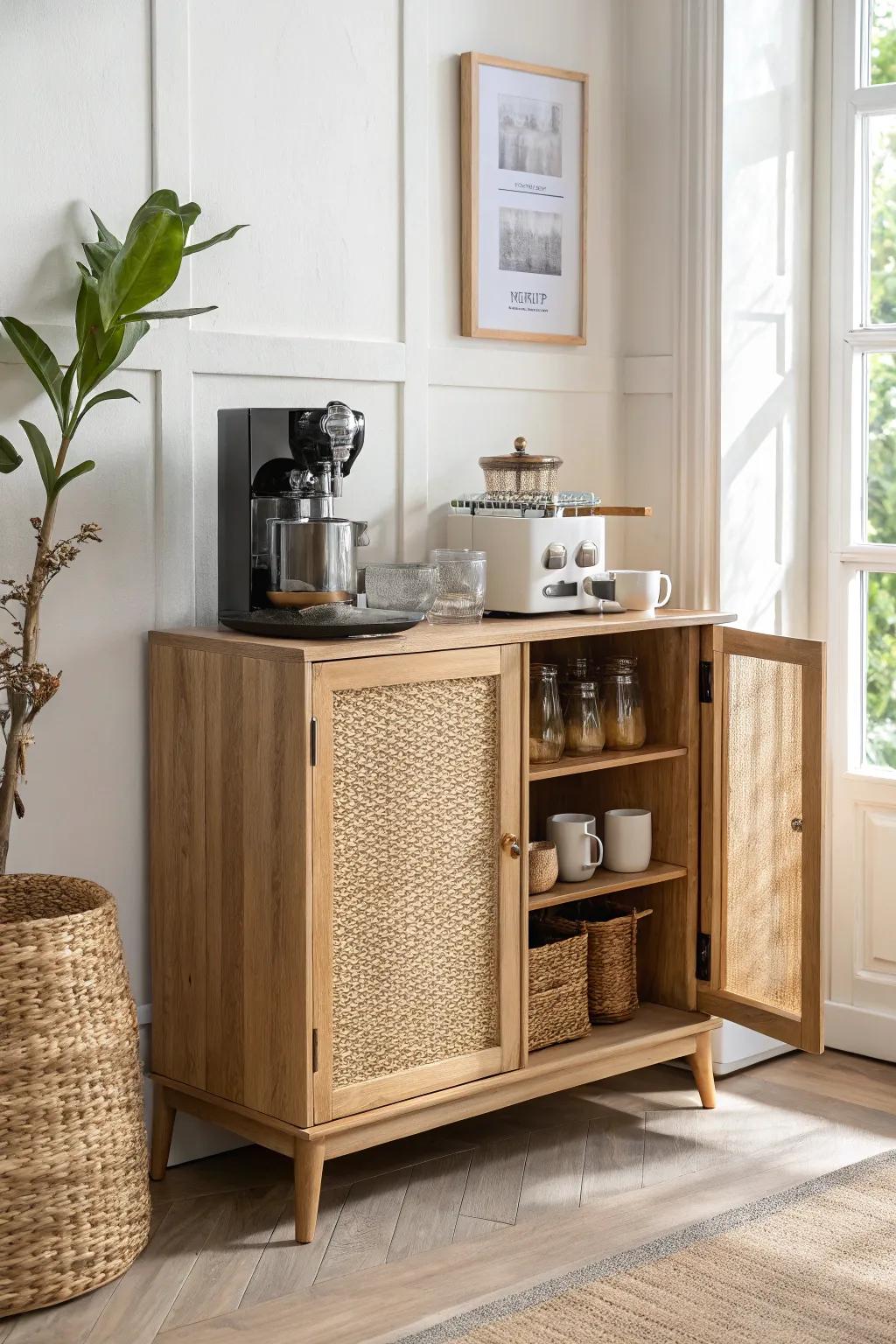 Turn the dining room into a serene oak coffee bar with pantry cubbies—luxury mornings, zero clutter.