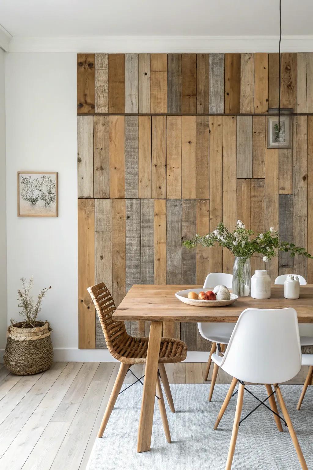 Reclaimed plank patchwork paneling that feels like wall art—warm tones, texture, and craft.