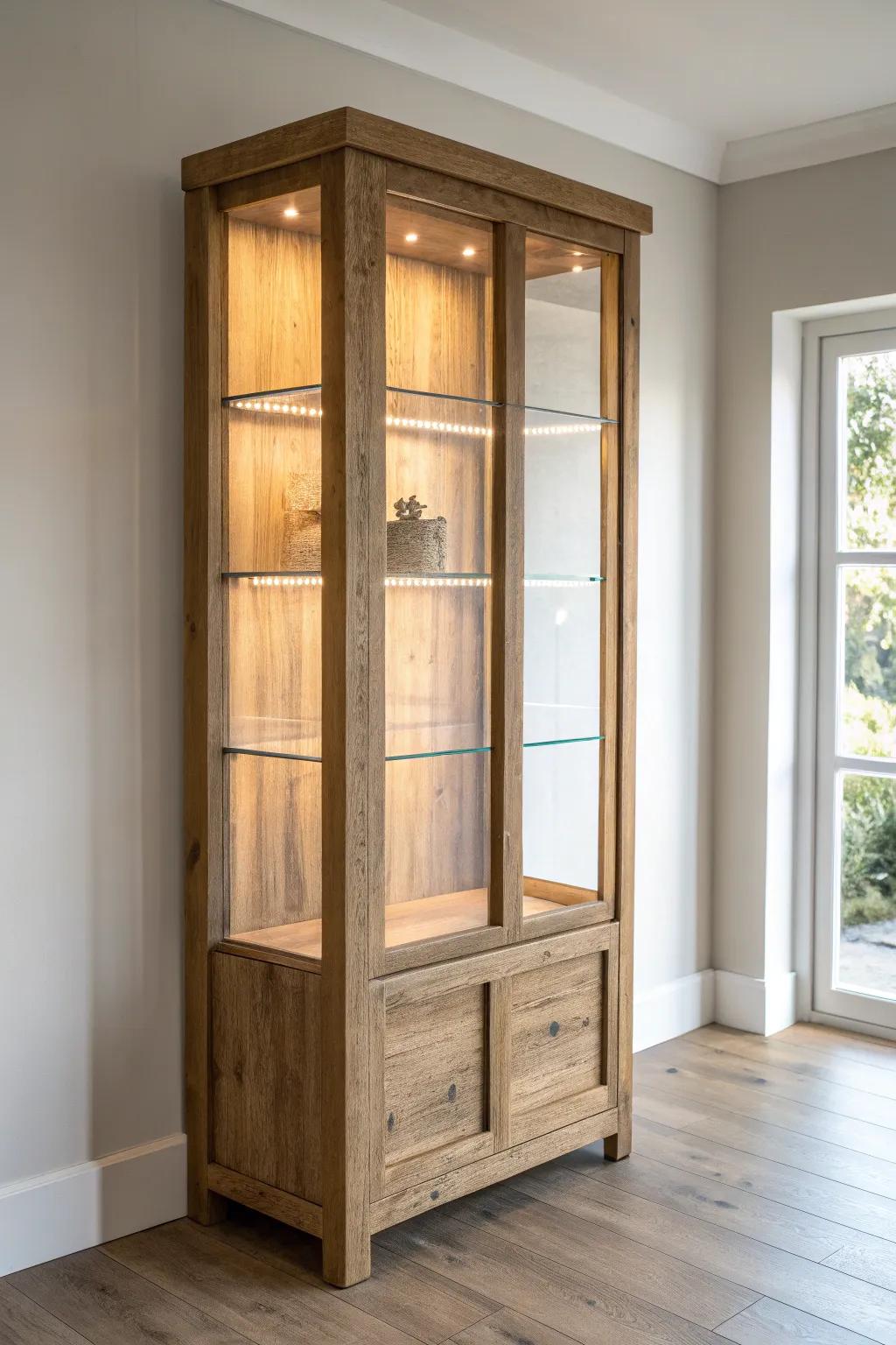 Hidden base uplighting turns a reclaimed-wood display into a floating, gallery-like statement.