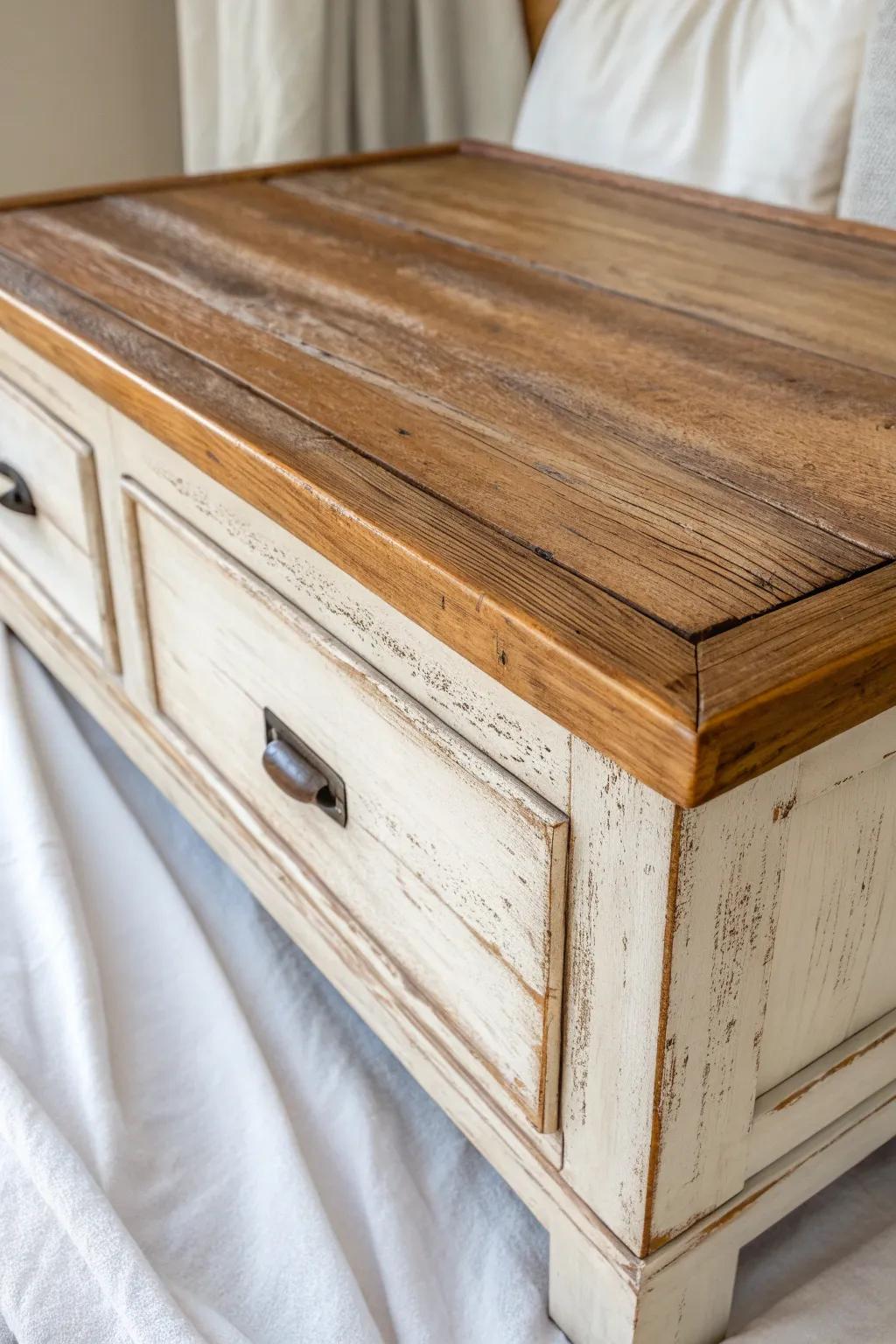 Glossy resin-filled cracks meet a soft antiqued wash for irresistible distressed contrast.