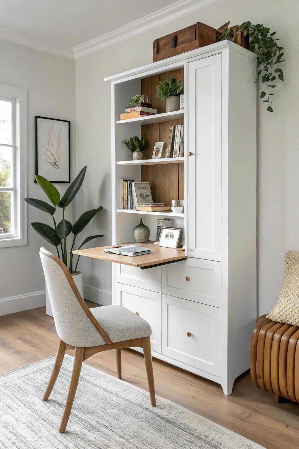 A seamless fold-down Murphy desk that disappears into your bookcase—clean, calm, and crafted.