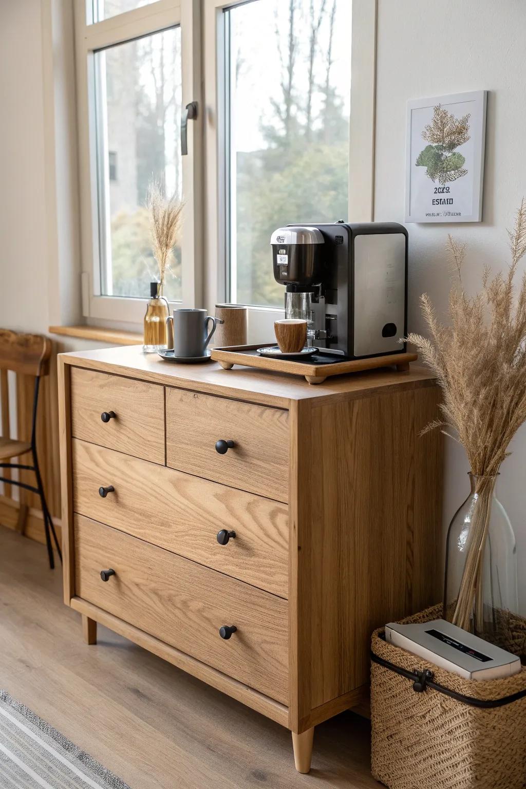Turn an old dresser into a chic coffee bar—drawers for supplies, top styled like a cozy café.