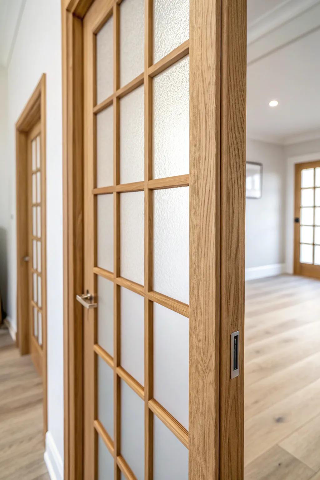 Shoji-style wood grid door covering that adds privacy and a soft, glowing light.