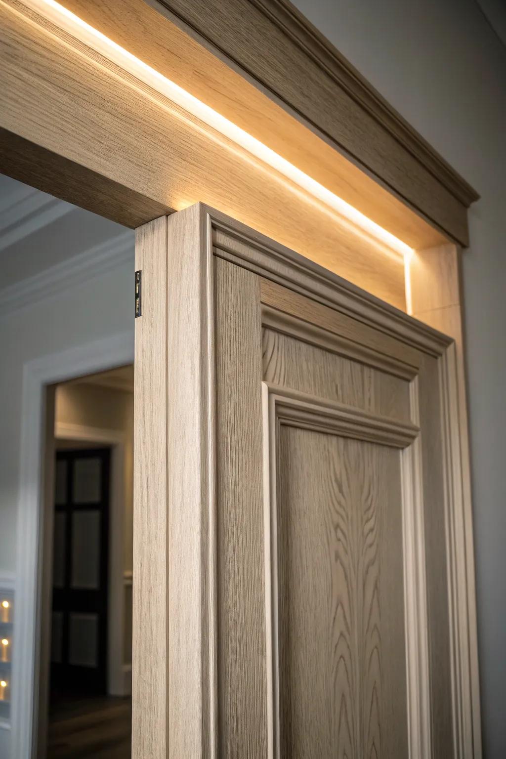 Hidden warm LED glow under a white-oak header turns simple doorway molding into cozy drama.