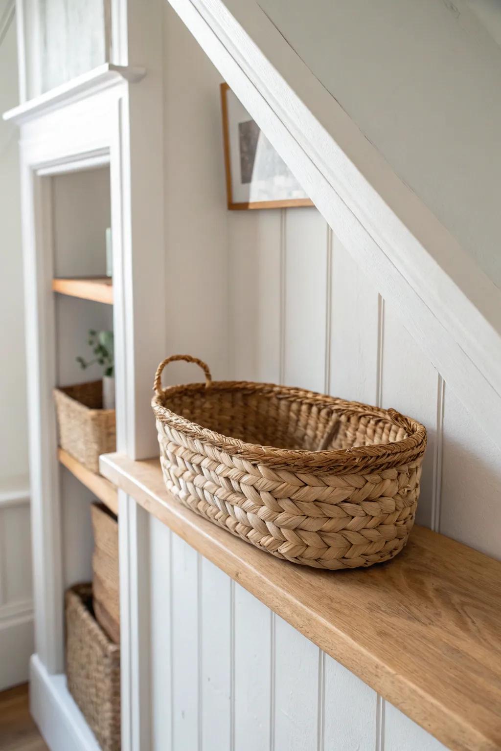 Built-in rafter-bay shelf between studs—sleek dormer storage for baskets without bulk.