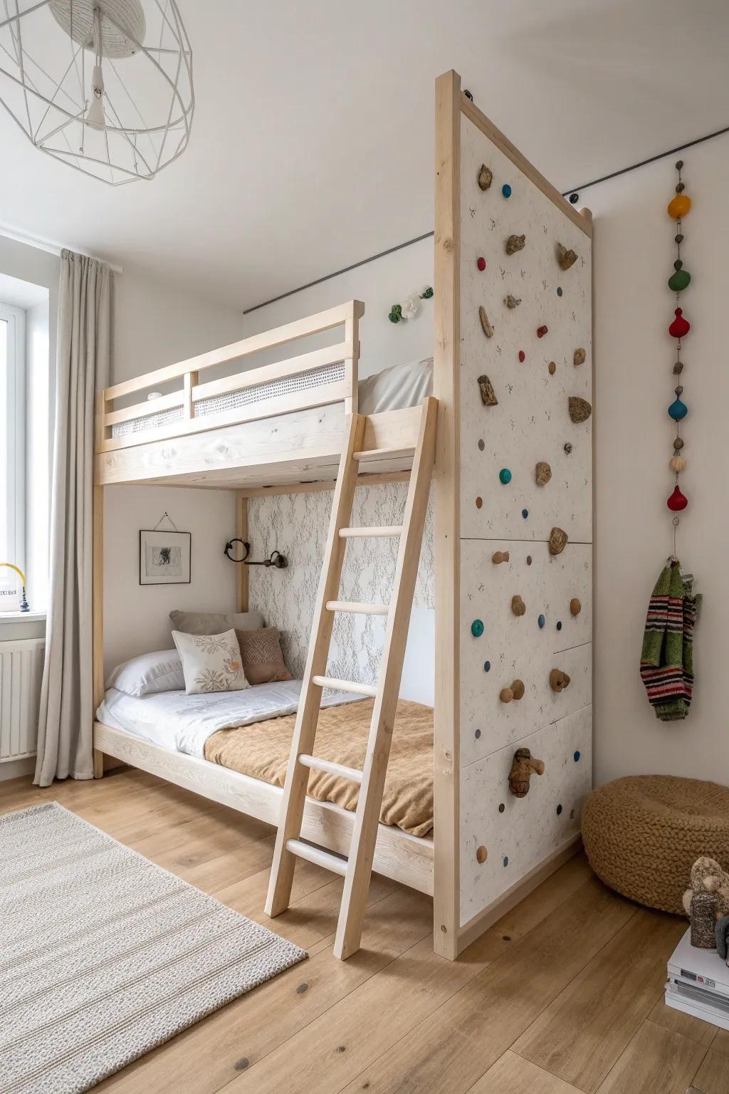 A minimalist bunk bed with a birch climbing wall side—playful, safe, and beautifully crafted.