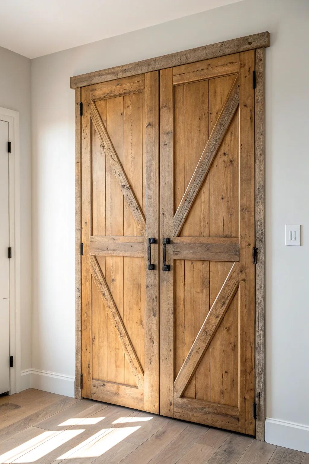 Reclaimed wood double pantry doors—soft patina, warm knots, and timeless handmade charm.