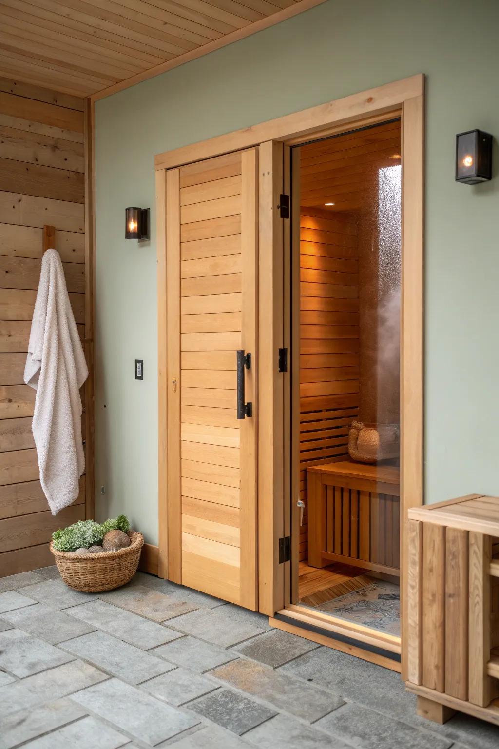 Cedar sauna door with warm glow—turn a double garage into a spa-like retreat.