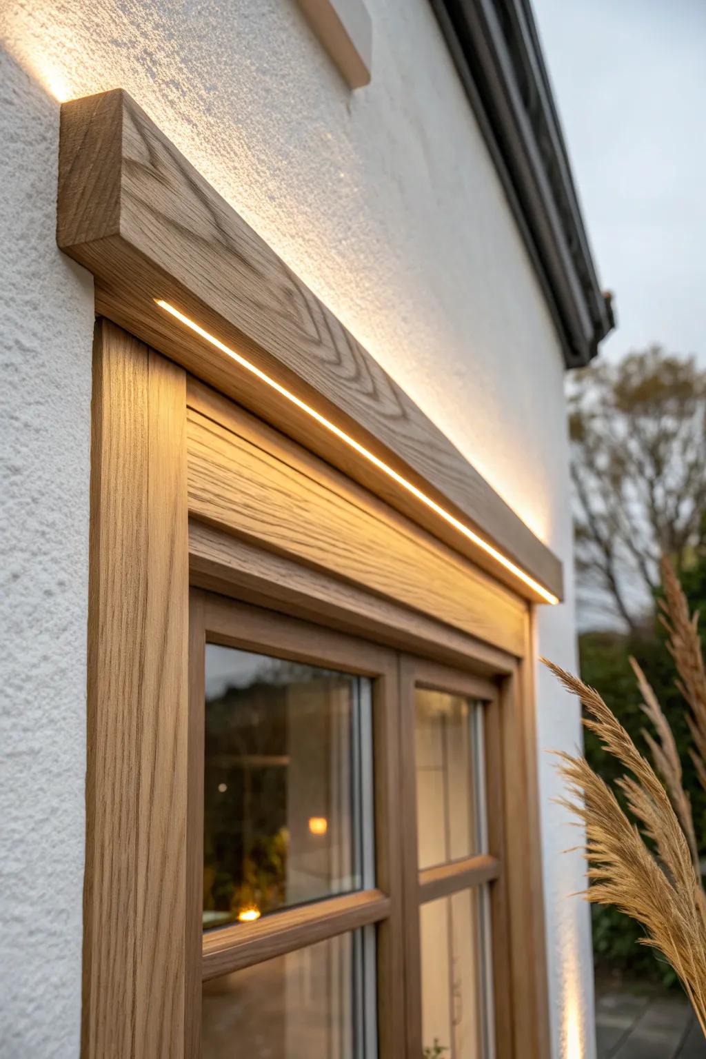 Classic double window trim by day—hidden LED behind the header adds a luxe, soft glow at night.