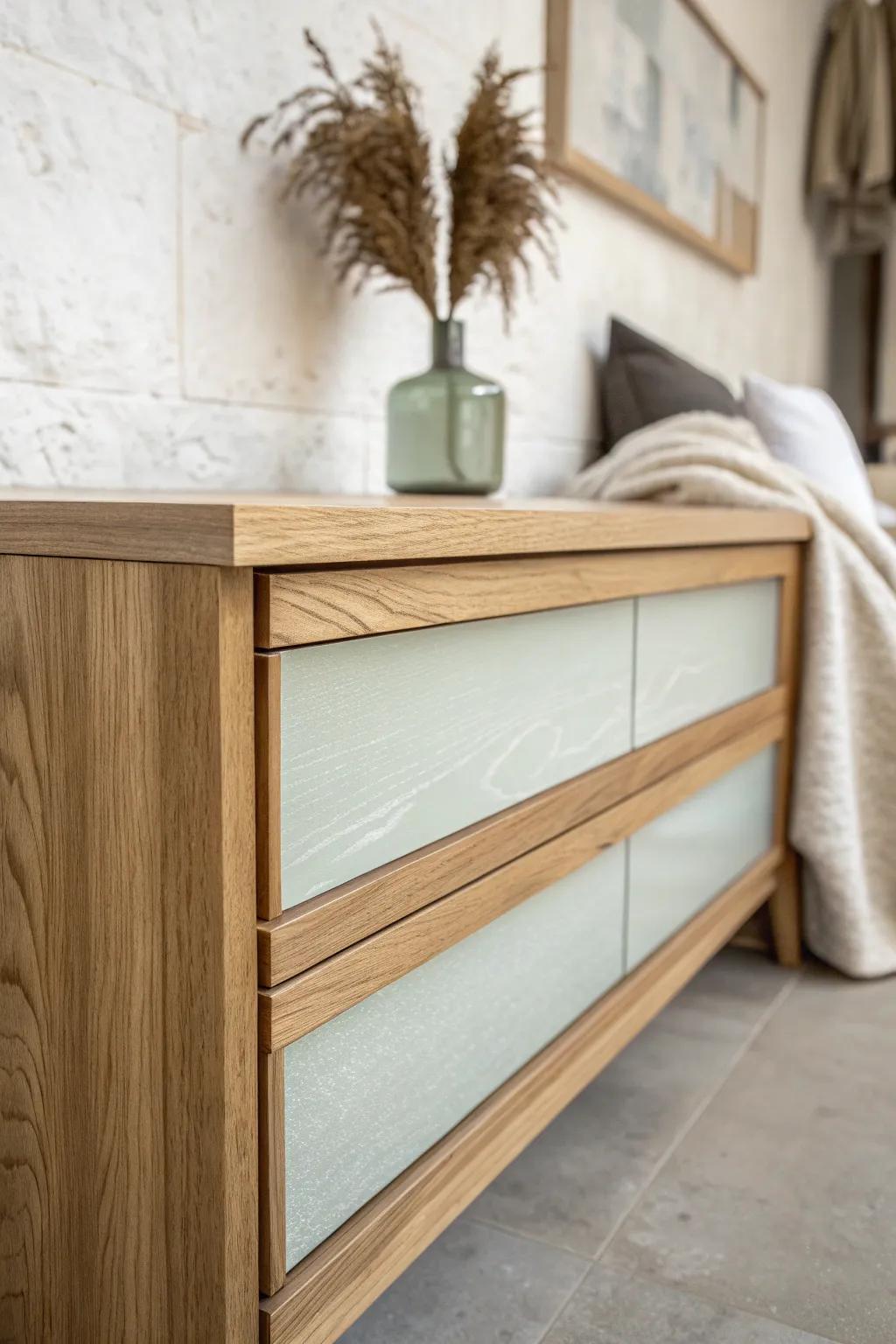 Light oak drawer front with a sleek sage resin inlay stripe—minimal, modern, and handmade.