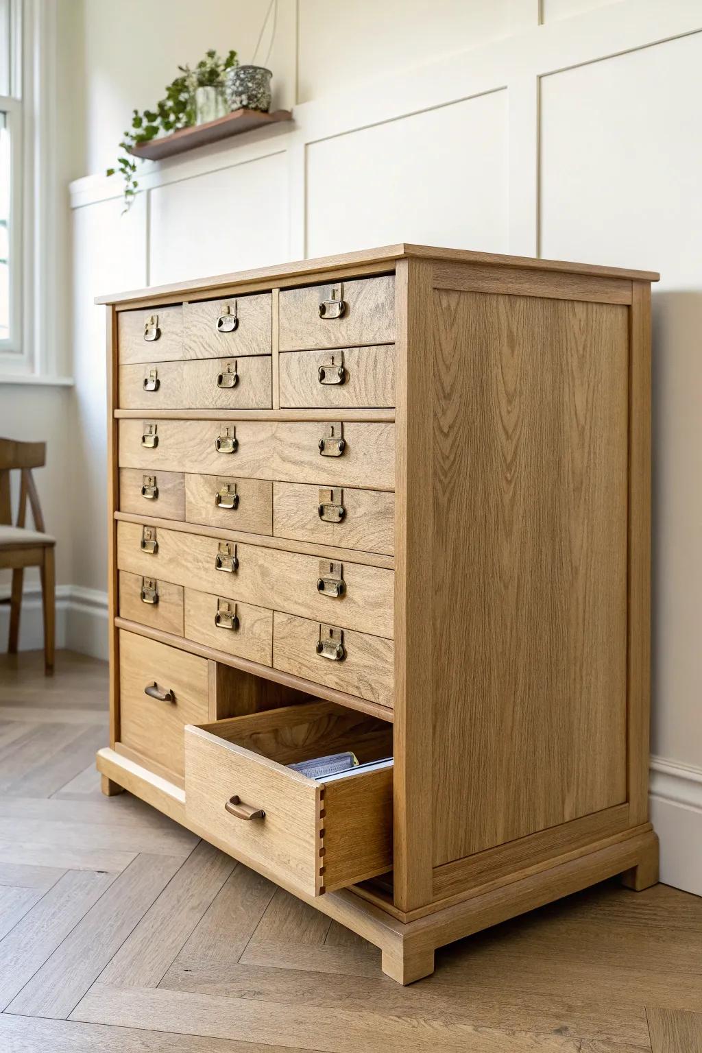 A vintage card catalog cabinet—tiny drawers that organize socks, scarves & accessories beautifully.