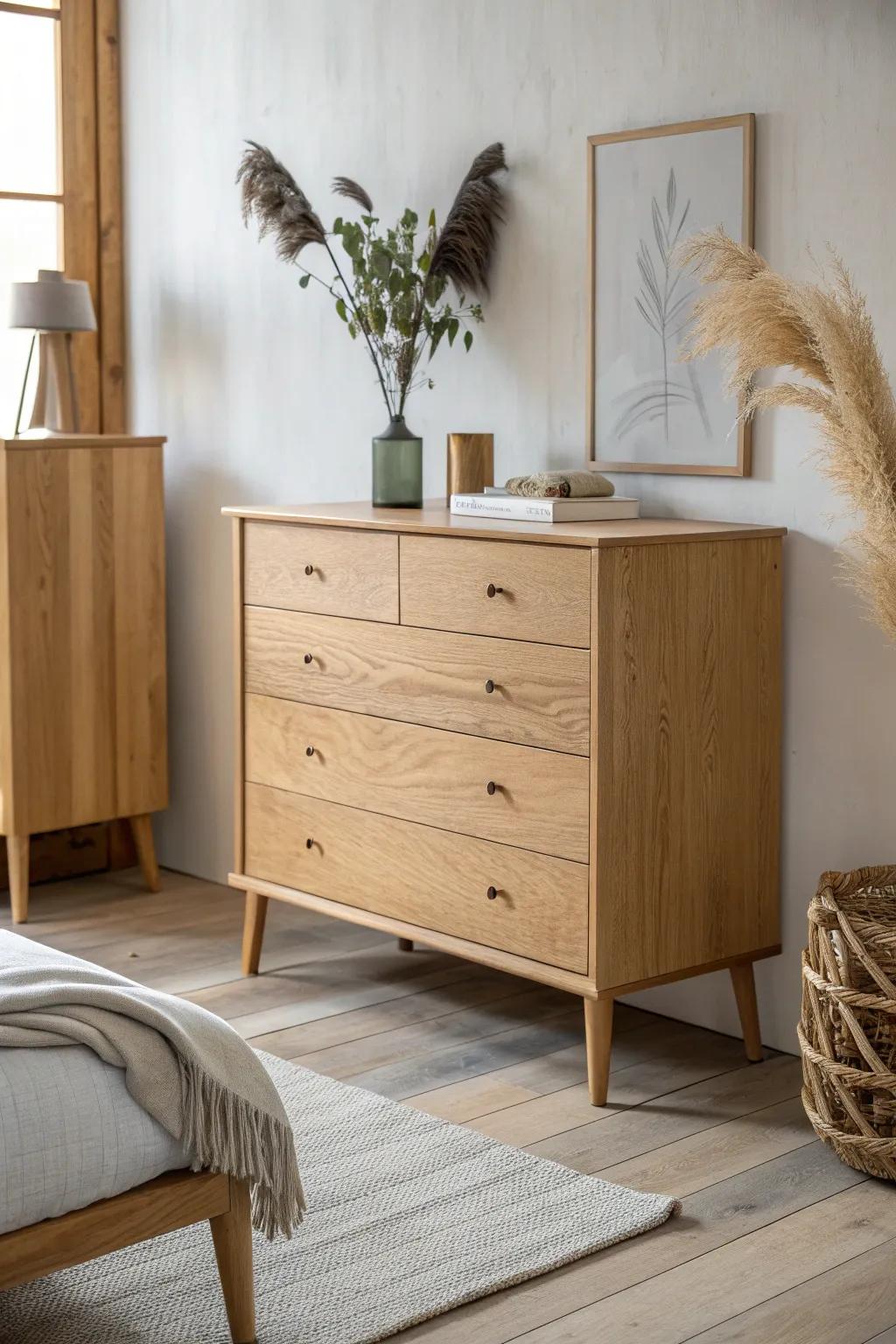Add simple tapered feet to lift a bulky dresser and instantly make the room feel lighter.