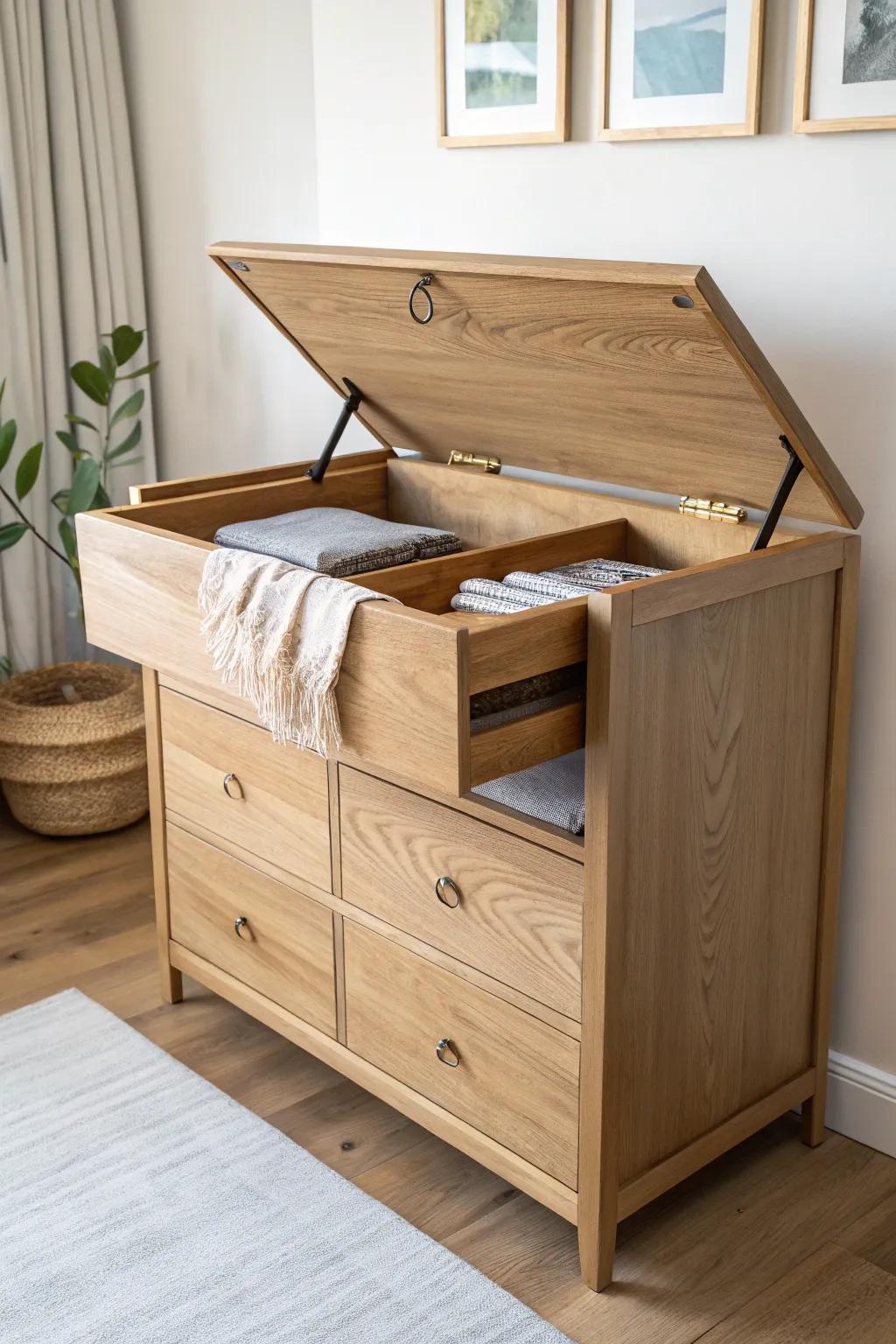 Flip-top dresser bar: a hidden mixing surface that opens to a tidy prep well—sleek & safe.