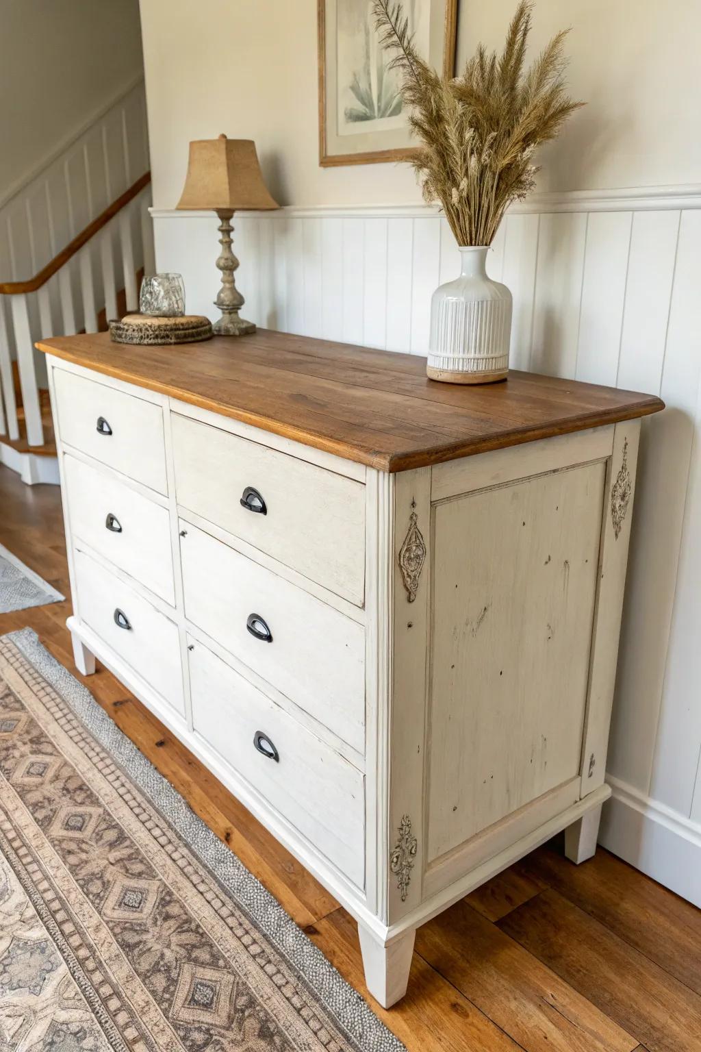 Reclaimed wood top upgrade: nail holes, warm patina, and a dining-room dresser with real soul.