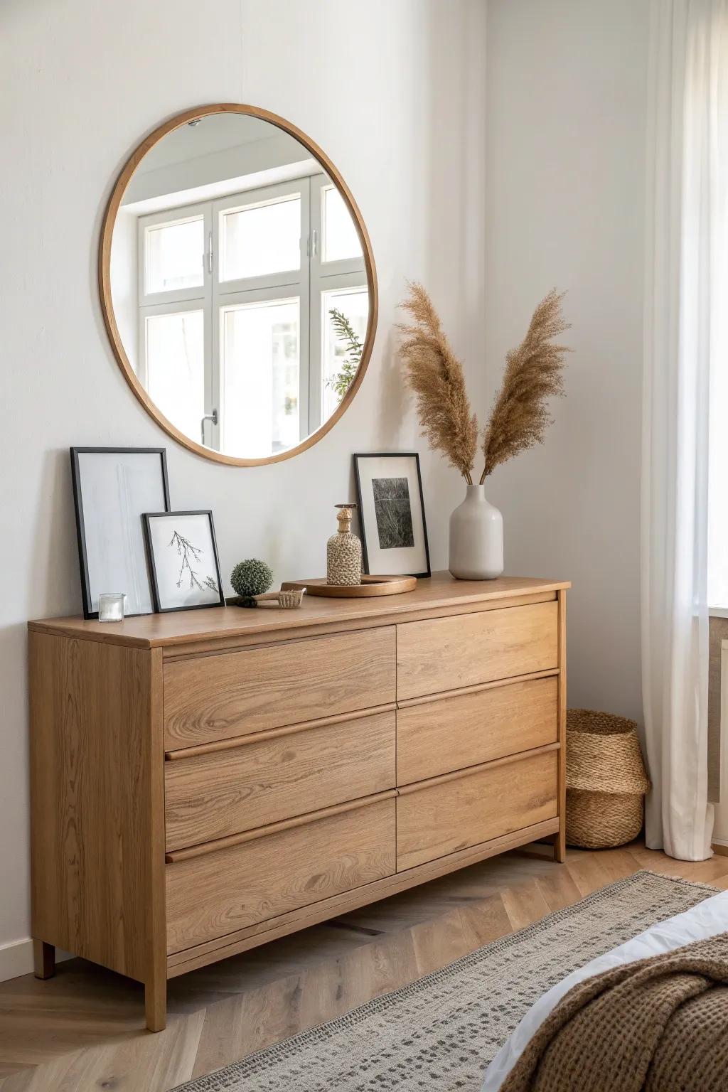 A slim wood picture ledge under the mirror turns your dresser into a simple mini gallery.