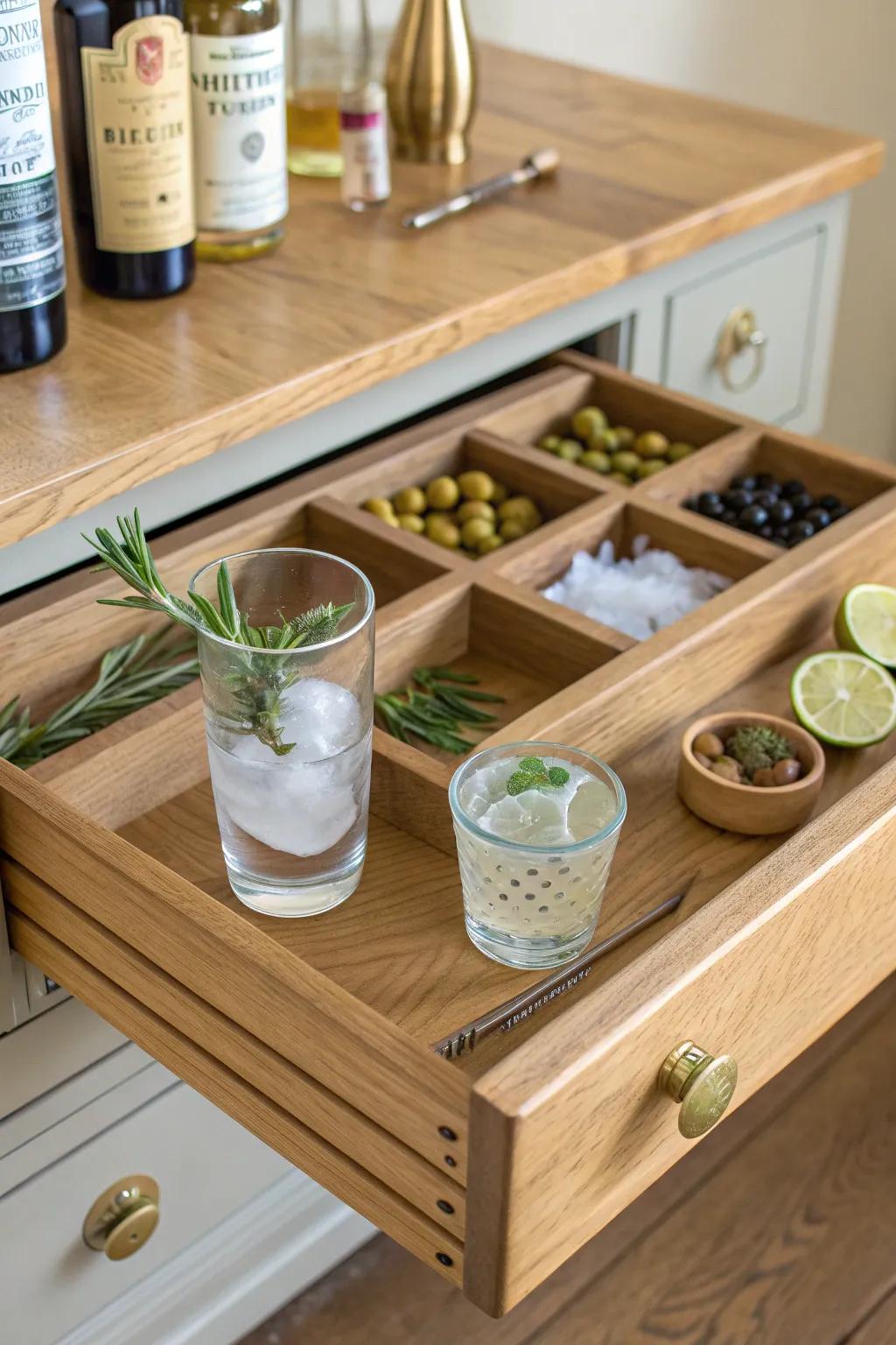 Upcycled drawer turned drink board bar—compartments for garnishes, snacks, and effortless hosting.