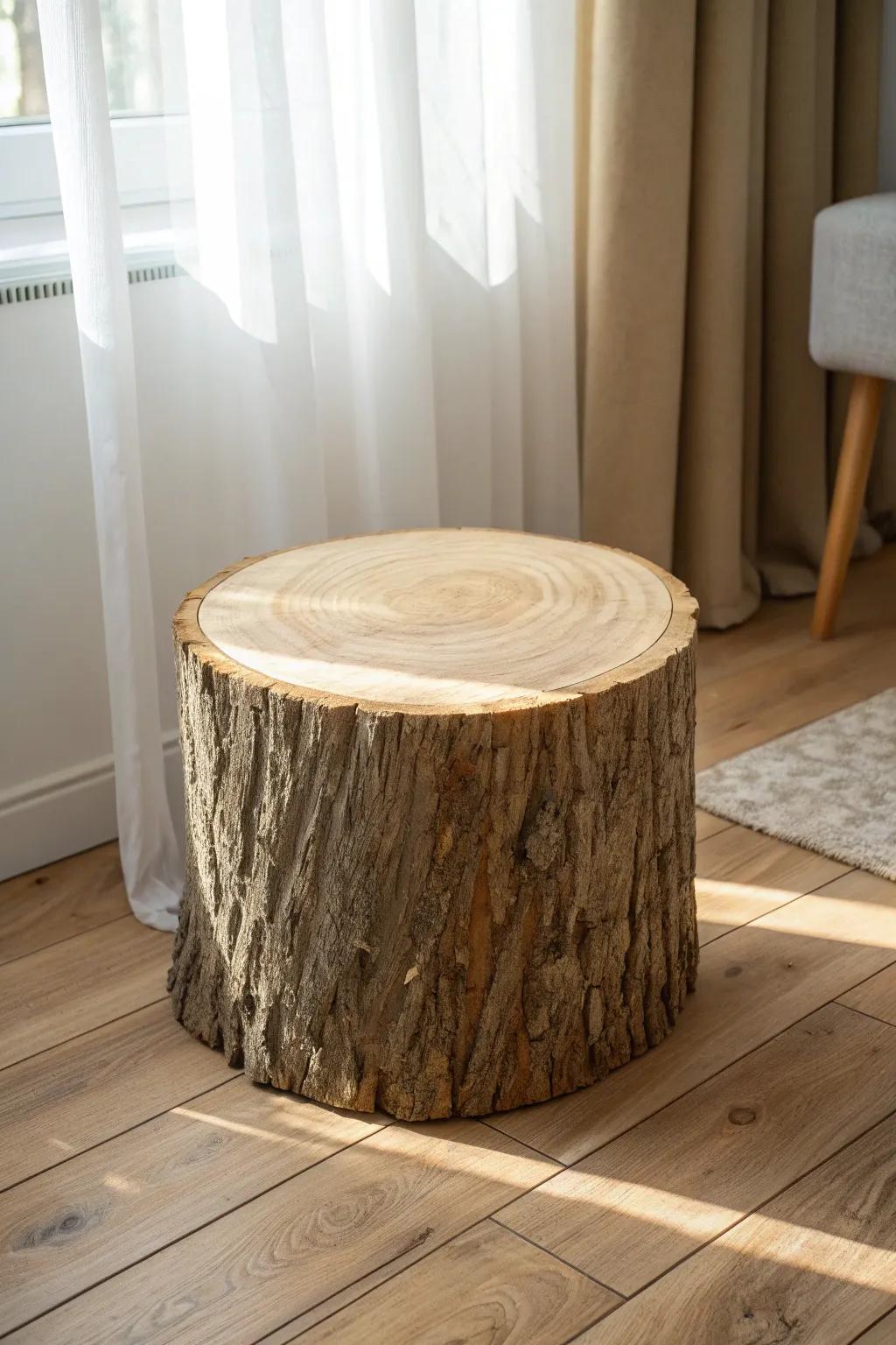 Rustic stump slice drinks table—sealed, steady, and beautifully minimal for woodland gatherings.