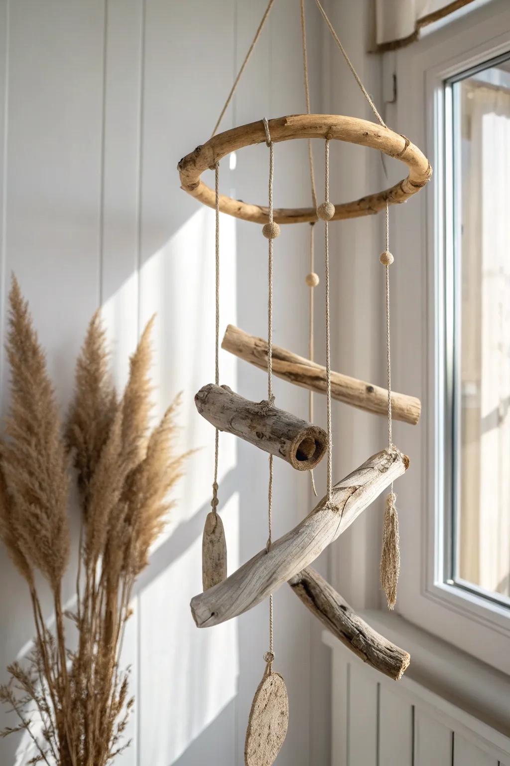 A minimalist driftwood mobile with linen cord—soft, earthy movement and handmade calm.