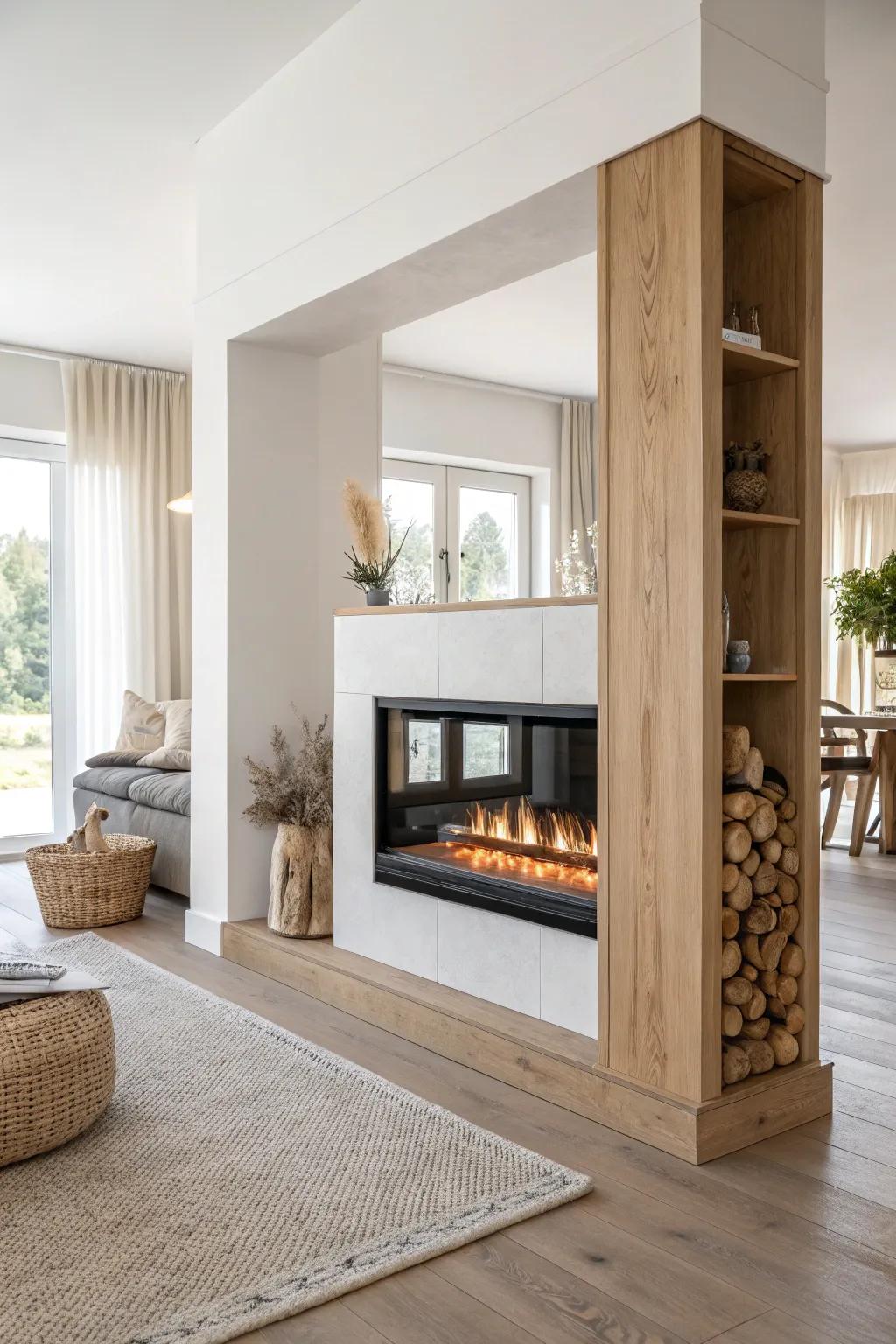 A two-sided electric fireplace divider that zones an open living room with warm Scandinavian calm.