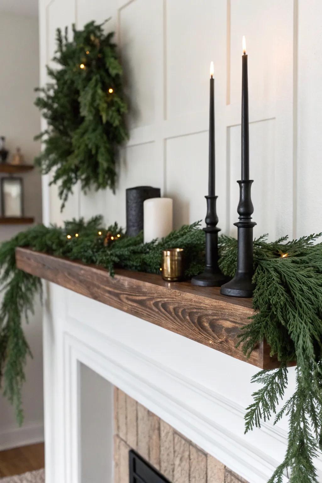 Monochrome black wood meets evergreen garland for a bold, upscale Christmas mantel look.
