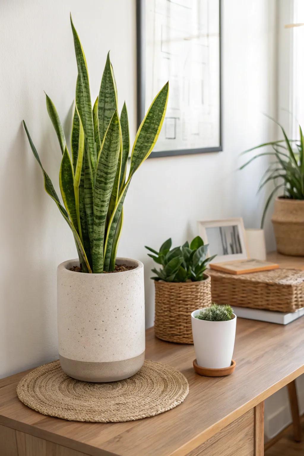 Two sculptural plants in simple pots bring elegant, clean energy to a warm wood office.