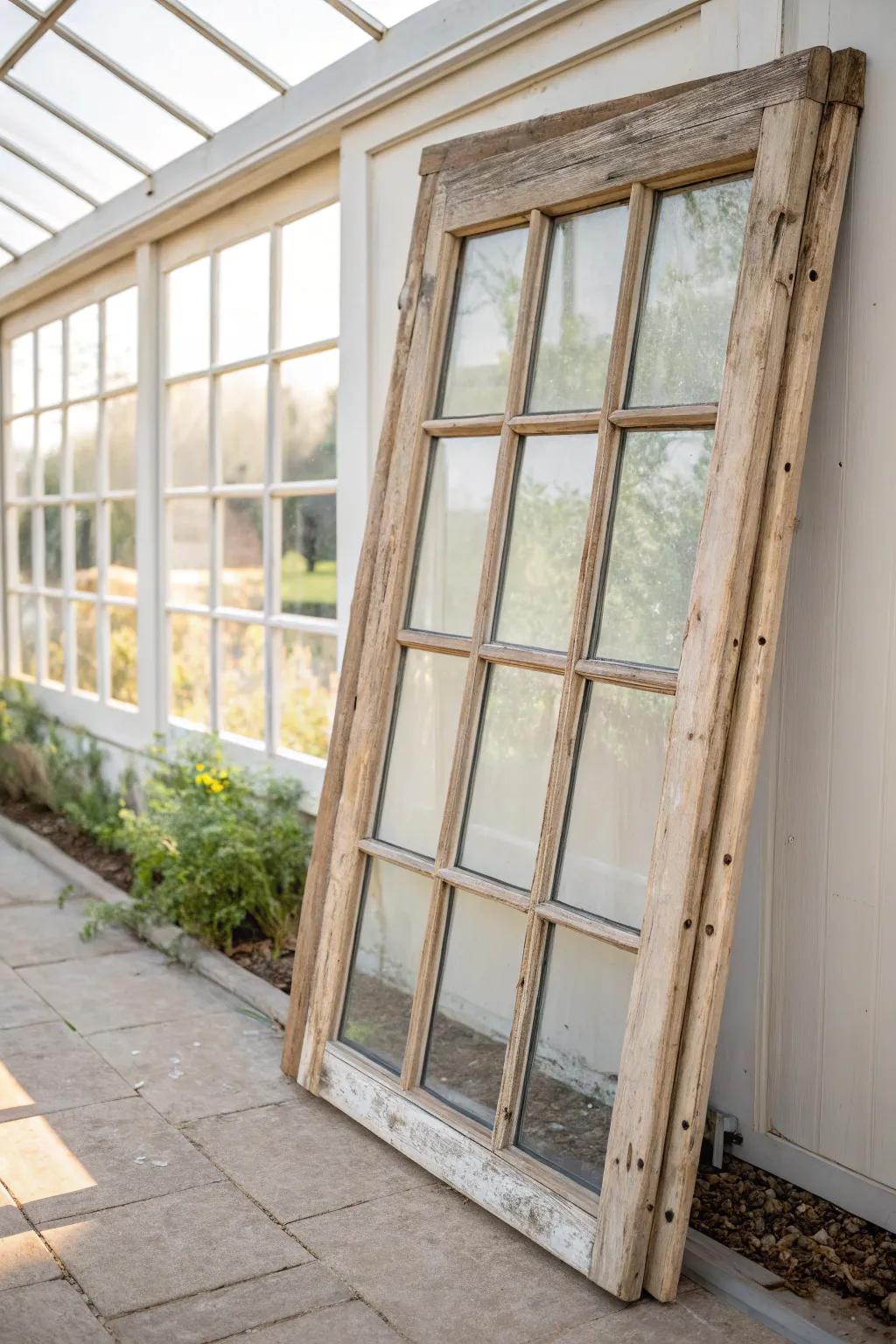 Reclaimed window wall panel—greenhouse light meets clean Scandinavian woodcraft charm.