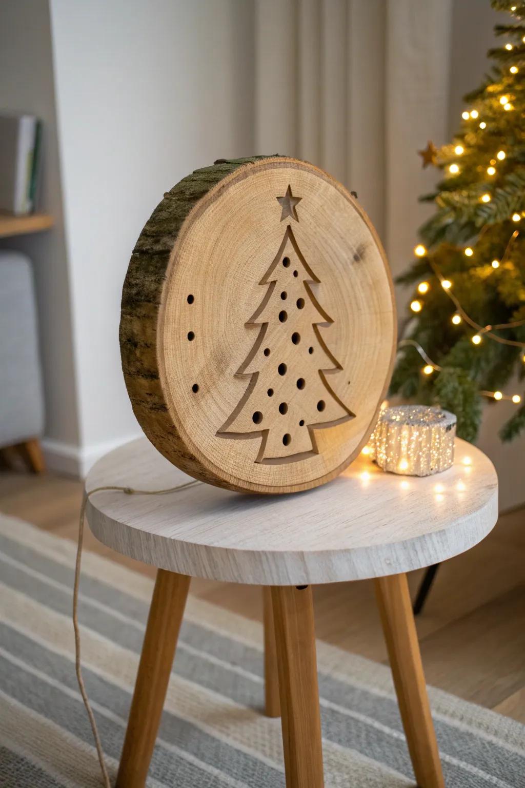 Backlit wood-slice tree glow—tiny drilled holes + hidden fairy lights for cozy end table charm.