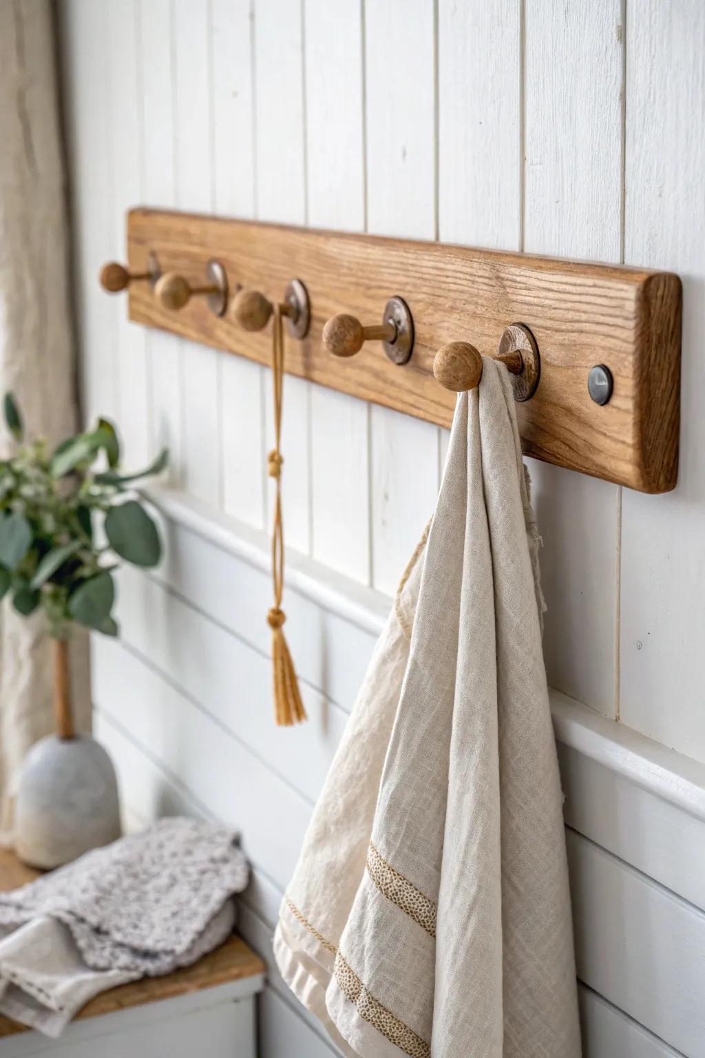 A simple oak peg rail makes towels and tools feel intentional—pure cottage-kitchen charm.
