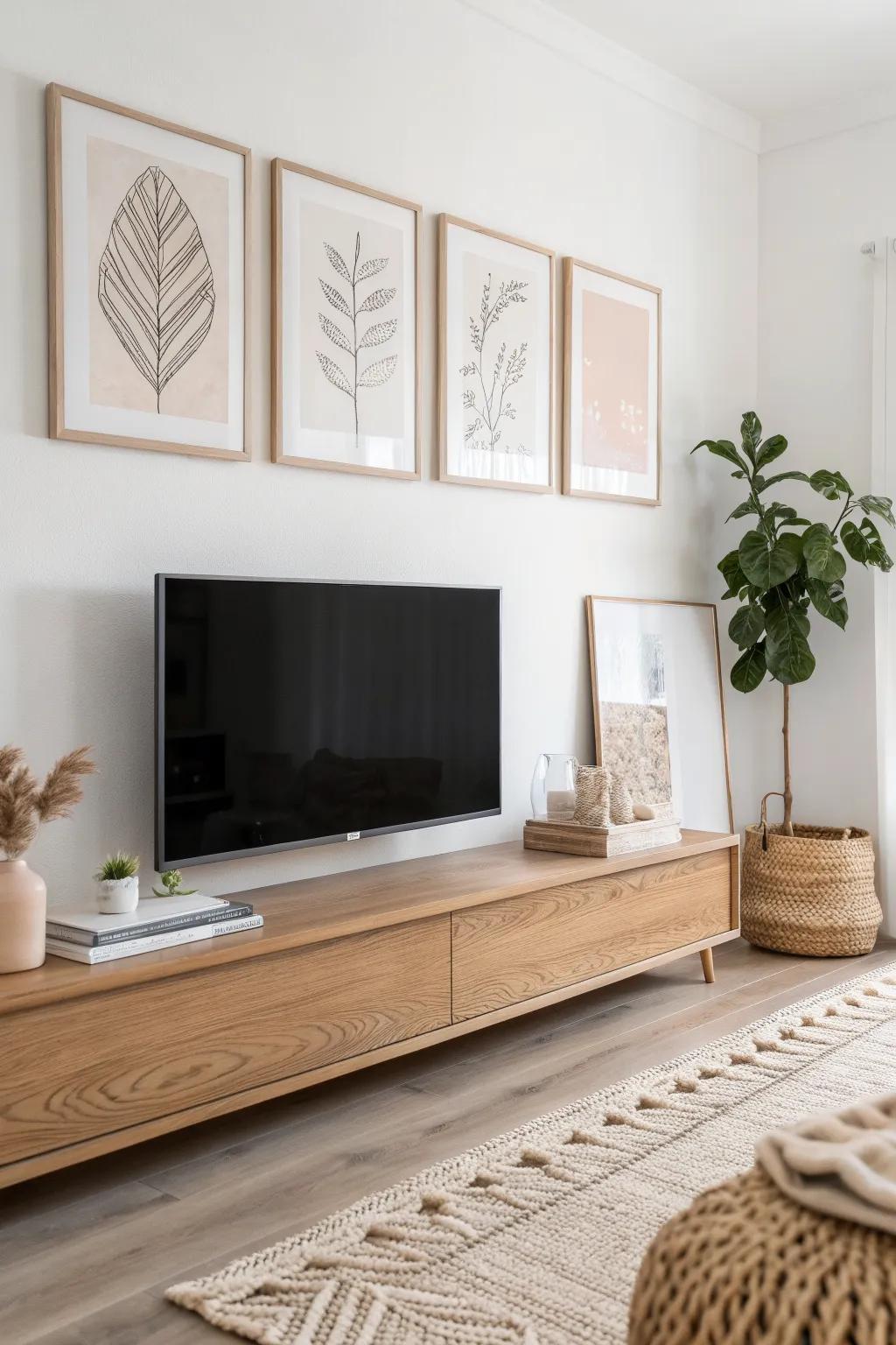 Turn a wall-mounted TV into a gallery with chunky wood ledges, art, and a tiny plant.
