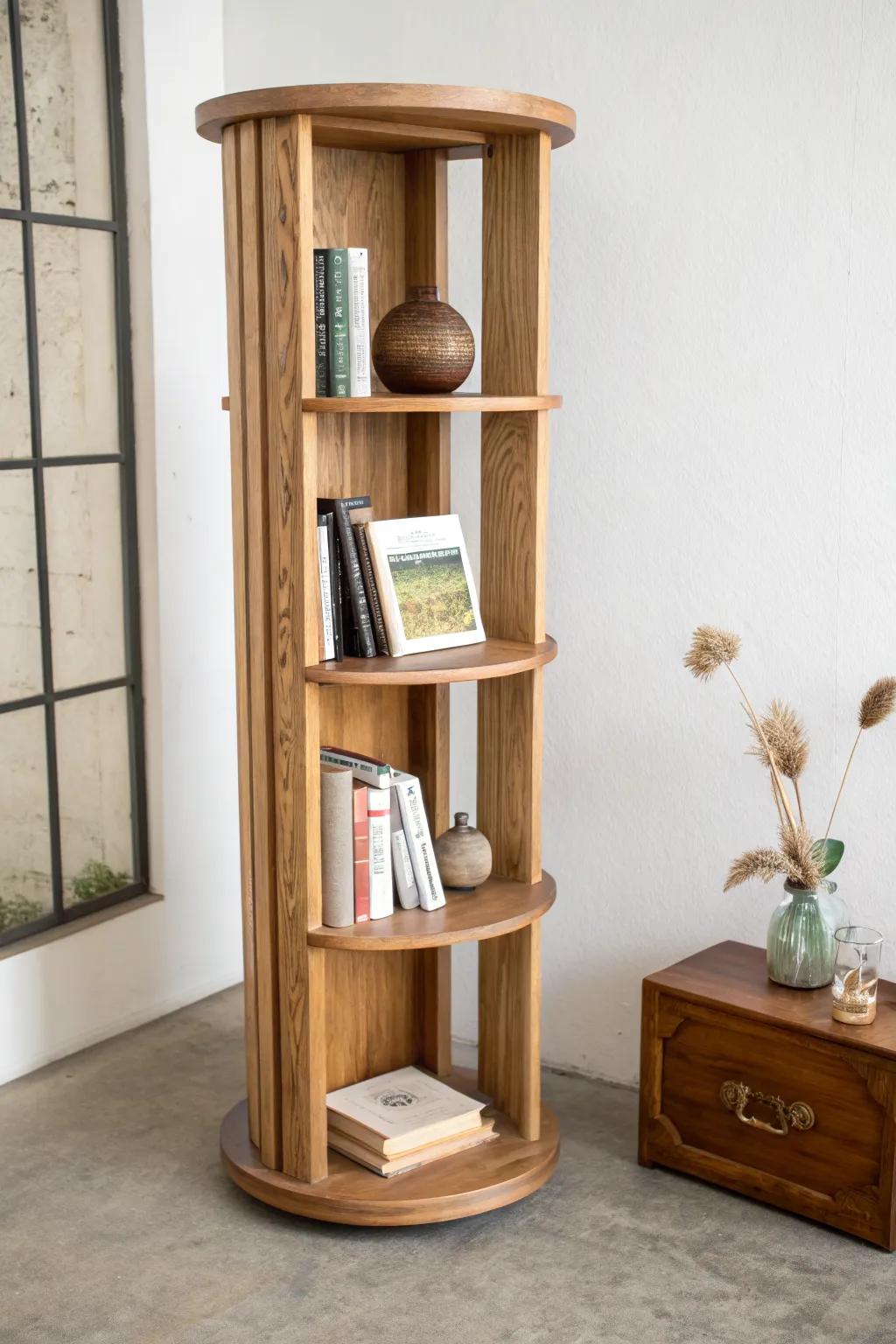 A rotating oak entryway bookshelf that hides keys and mail while displaying your favorites.