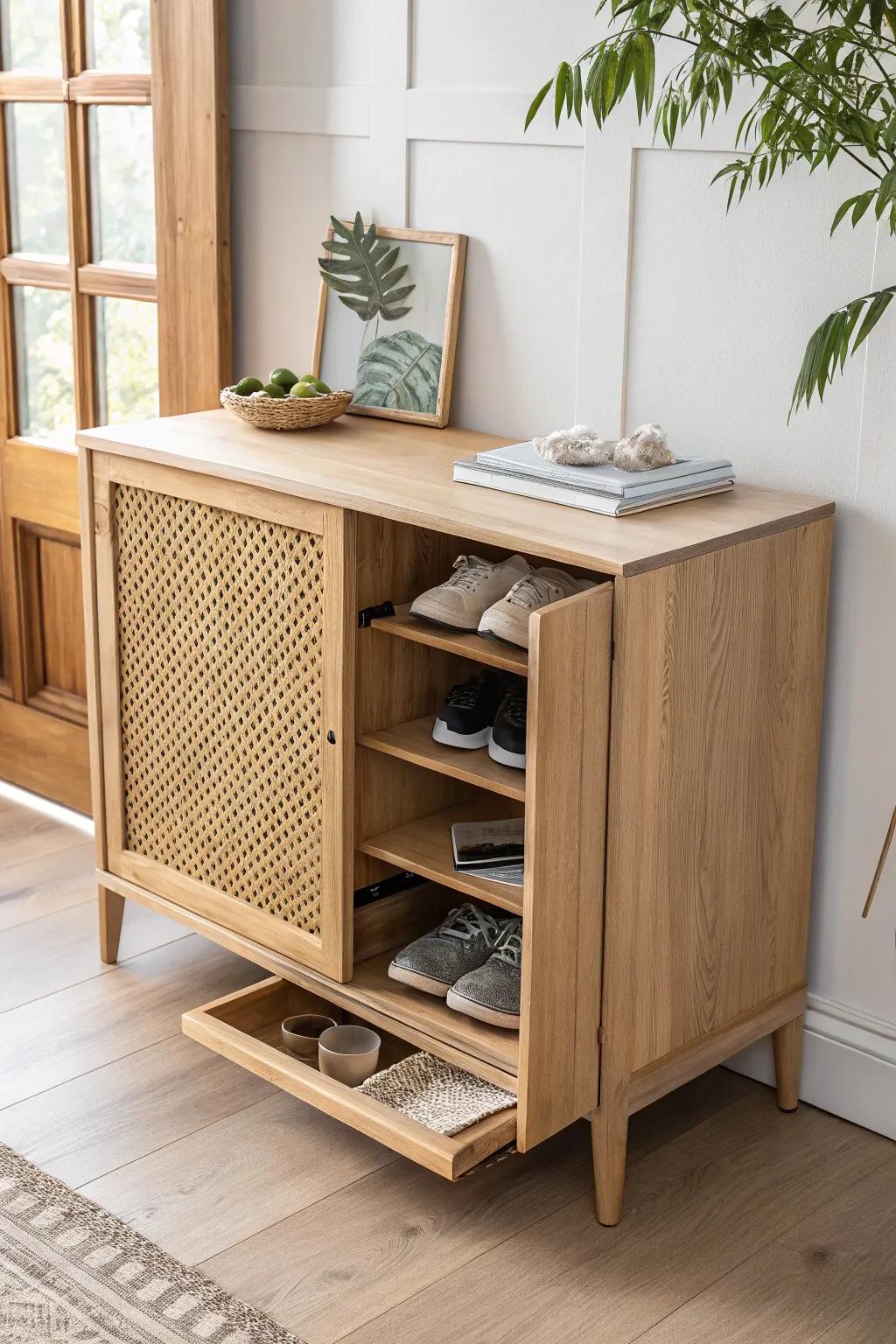 Light oak entryway cabinet with pull-out shoe trays—clean, dust-free storage with custom vibes.