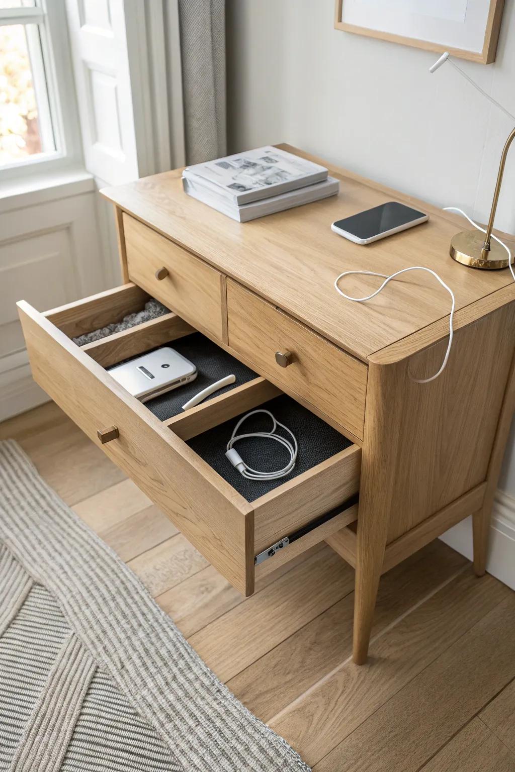 A hidden charging drawer keeps entryway clutter out of sight—tidy, seamless, and beautiful.