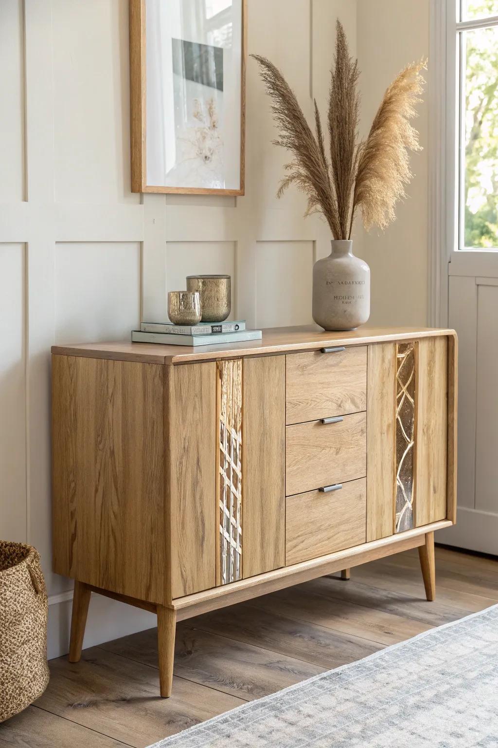 Light oak sideboard with a slim resin “river” inlay—minimal, warm, and a total wow moment.