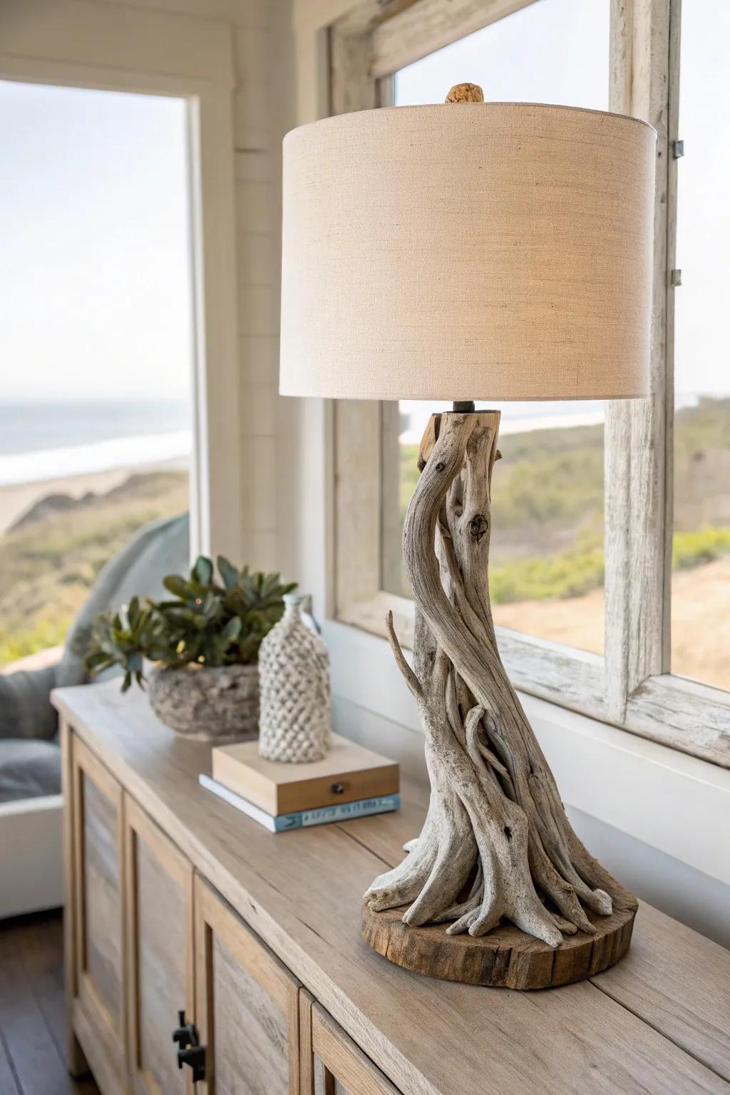 Driftwood-style lamp for a coastal-rustic entryway—soft texture, clean lines, calm glow.