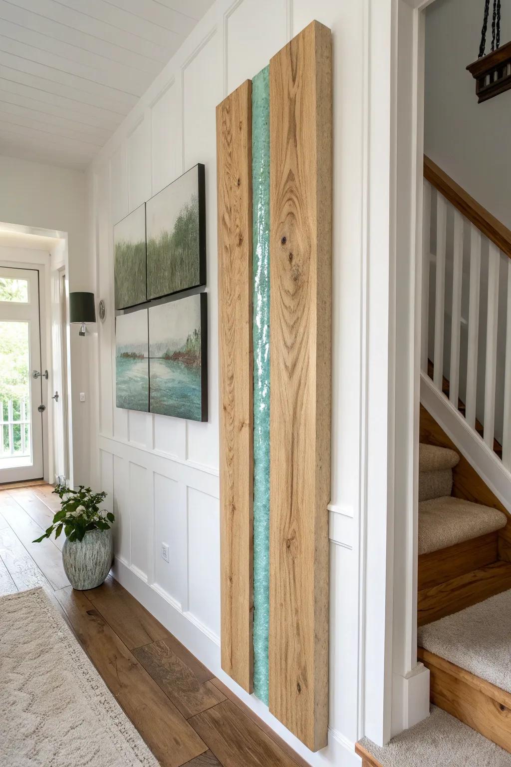 A glossy resin “river” inlay turns a simple wood panel into instant entryway wall art.