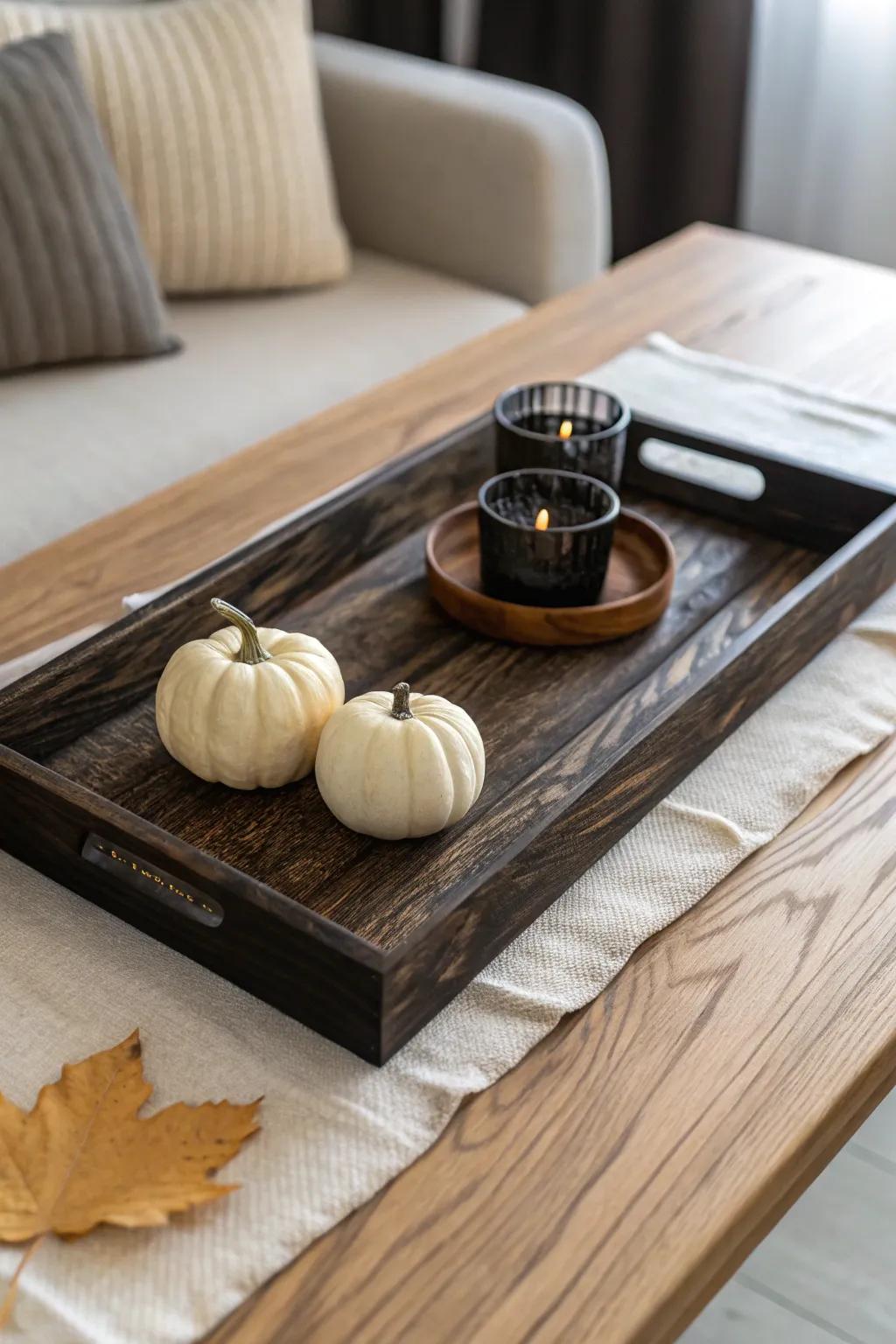 Moody fall moment: a charred wood tray with cream pumpkins and smoked-glass glow.