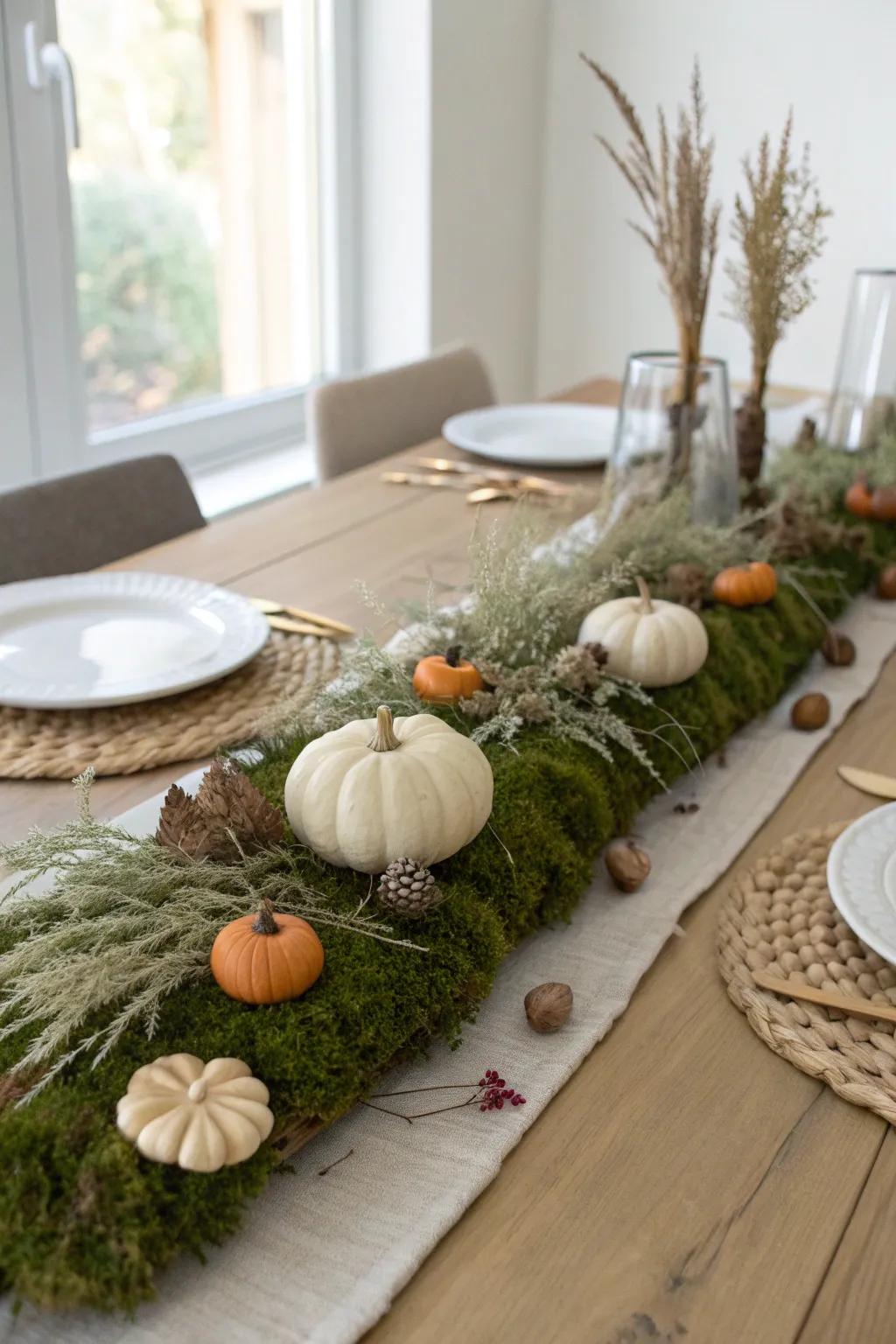 A moss-and-mushroom forest runner with mini gourds for cozy, conversation-starting fall