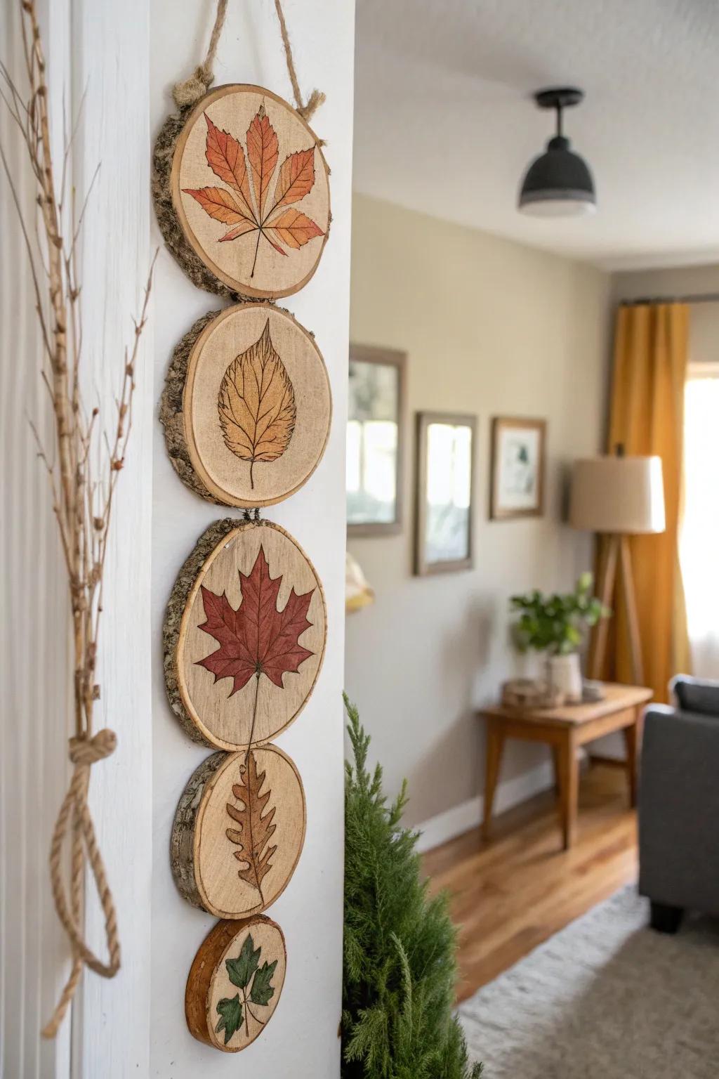 Rustic wood-slice leaf prints in warm fall tones—an airy Scandinavian entryway statement.