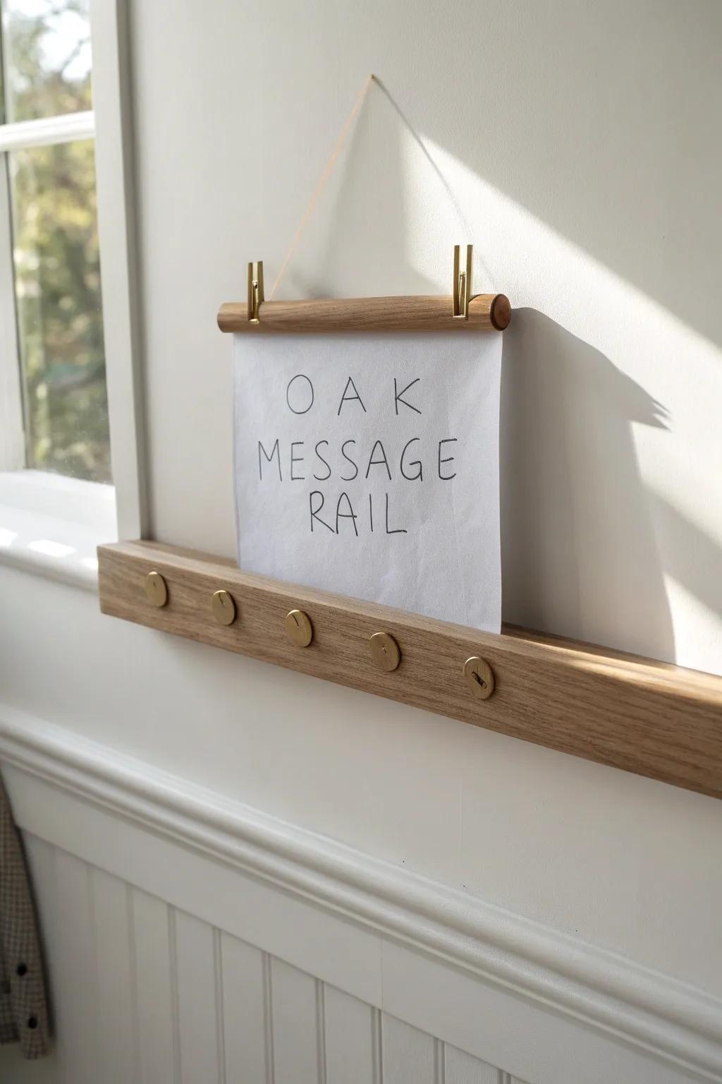 A simple oak message rail keeps menus, notes, and kid art beautifully in one place.