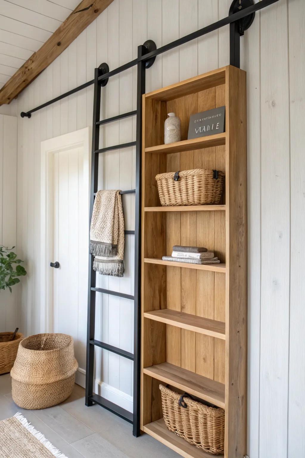 Sliding wall-rail shelves add high-capacity storage without stealing precious aisle space.