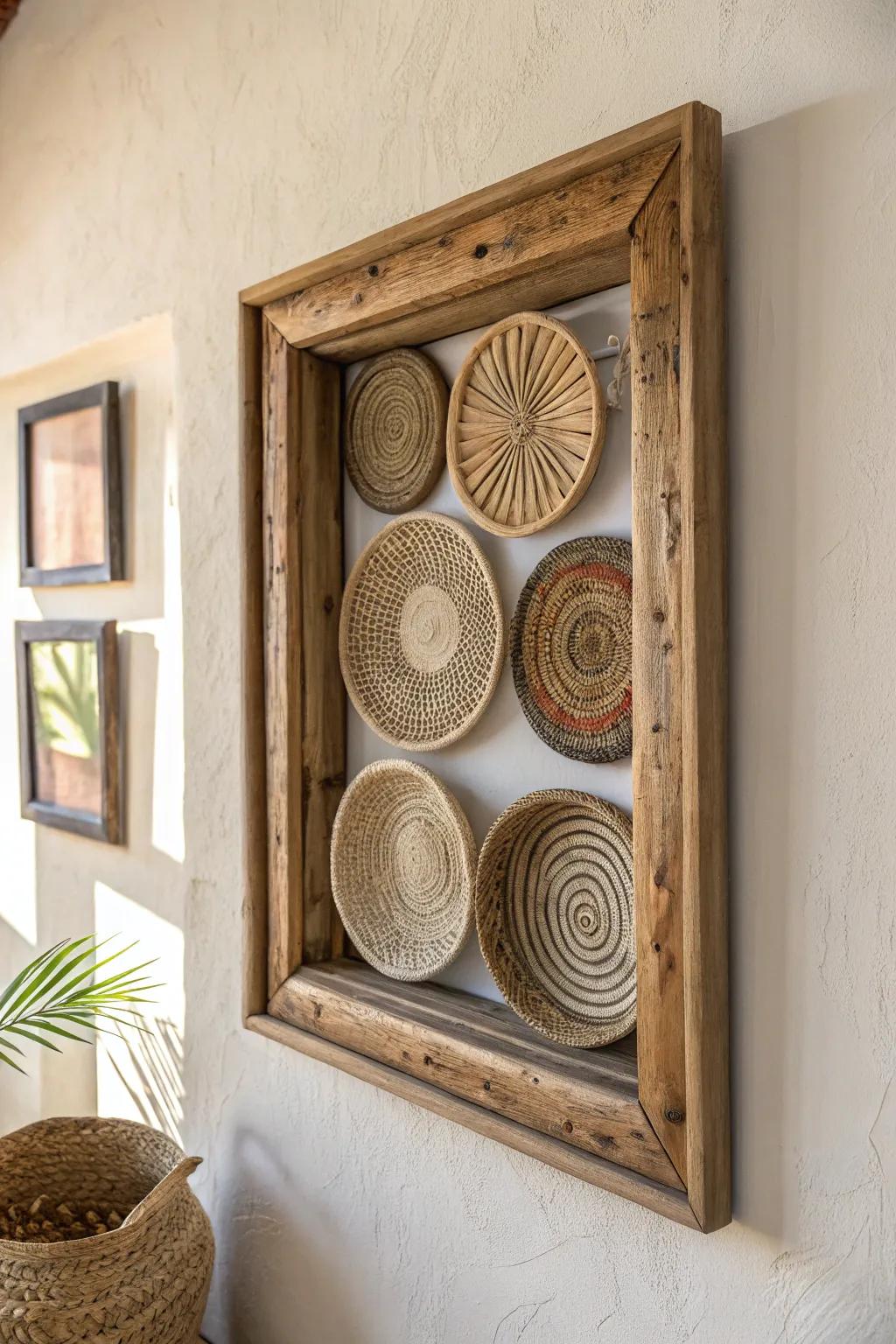Reclaimed wood frame + woven basket mosaic for a high-end farmhouse wall moment.