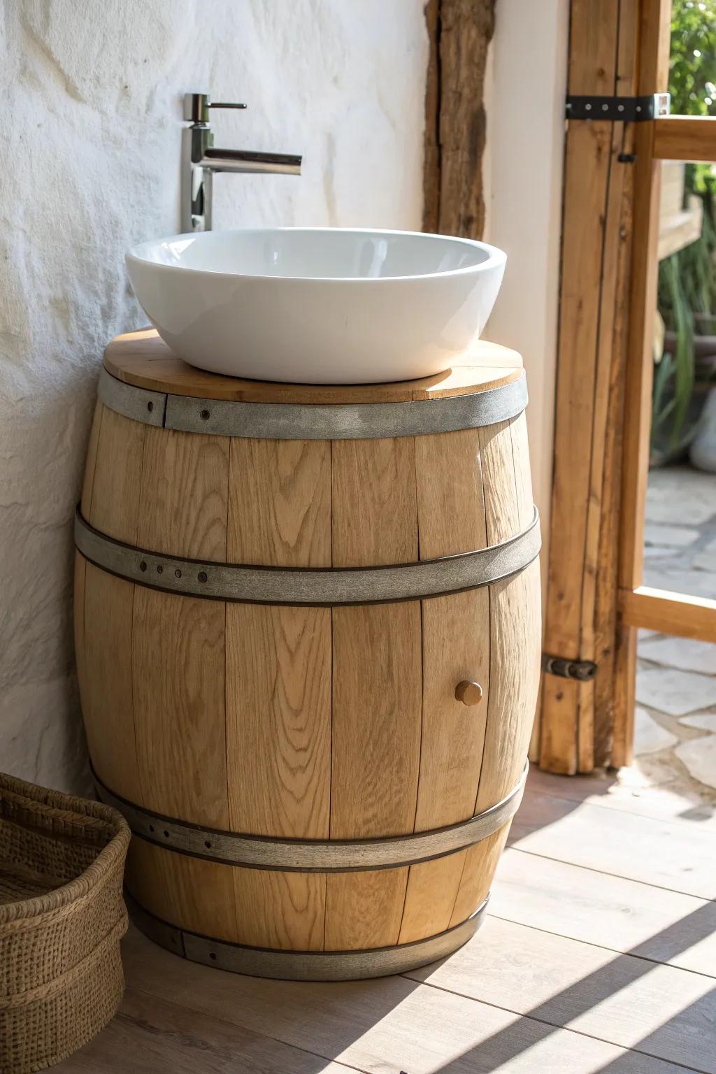 Half-barrel wooden vanity with a round basin—minimal, farmhouse, and beautifully handcrafted.