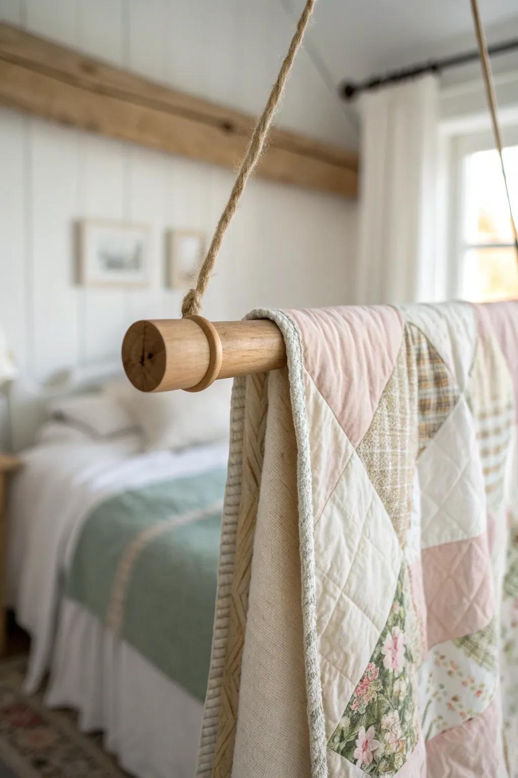 Budget-friendly farmhouse headboard: a vintage quilt hung from a simple wooden dowel rod.