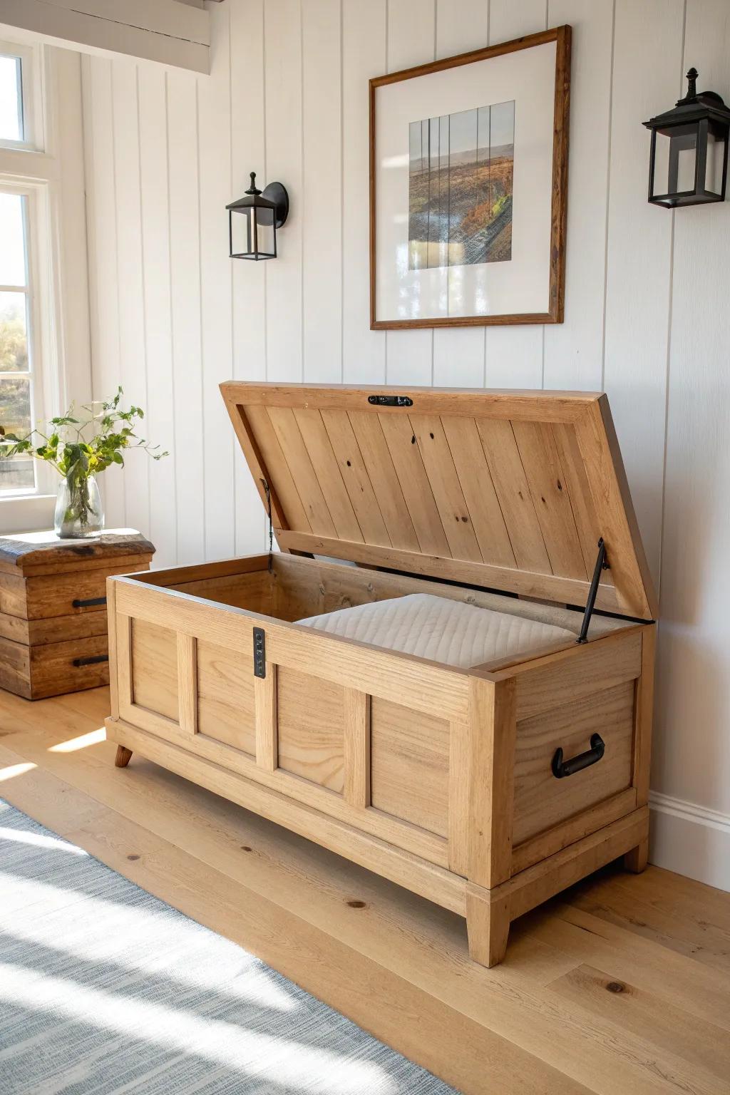 Farmhouse lift-top closet bench: pretty seating with hidden storage for off-season pieces.