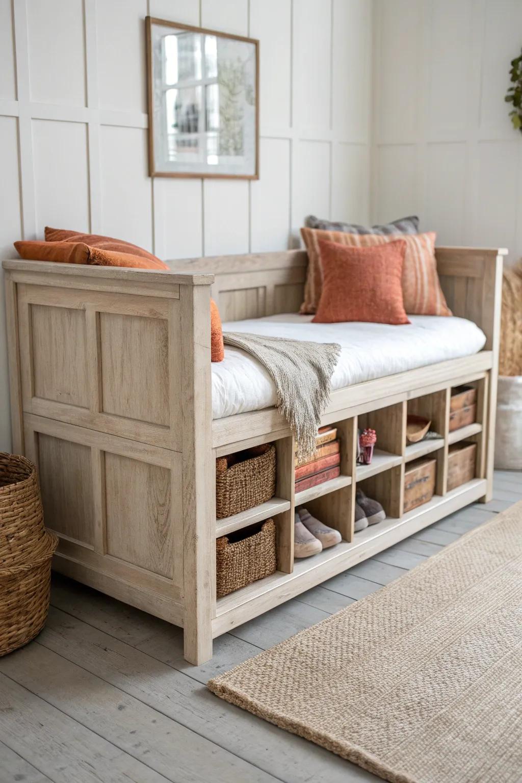 Farmhouse daybed with crate-style cubby ends—rustic storage for rolled throws in style.