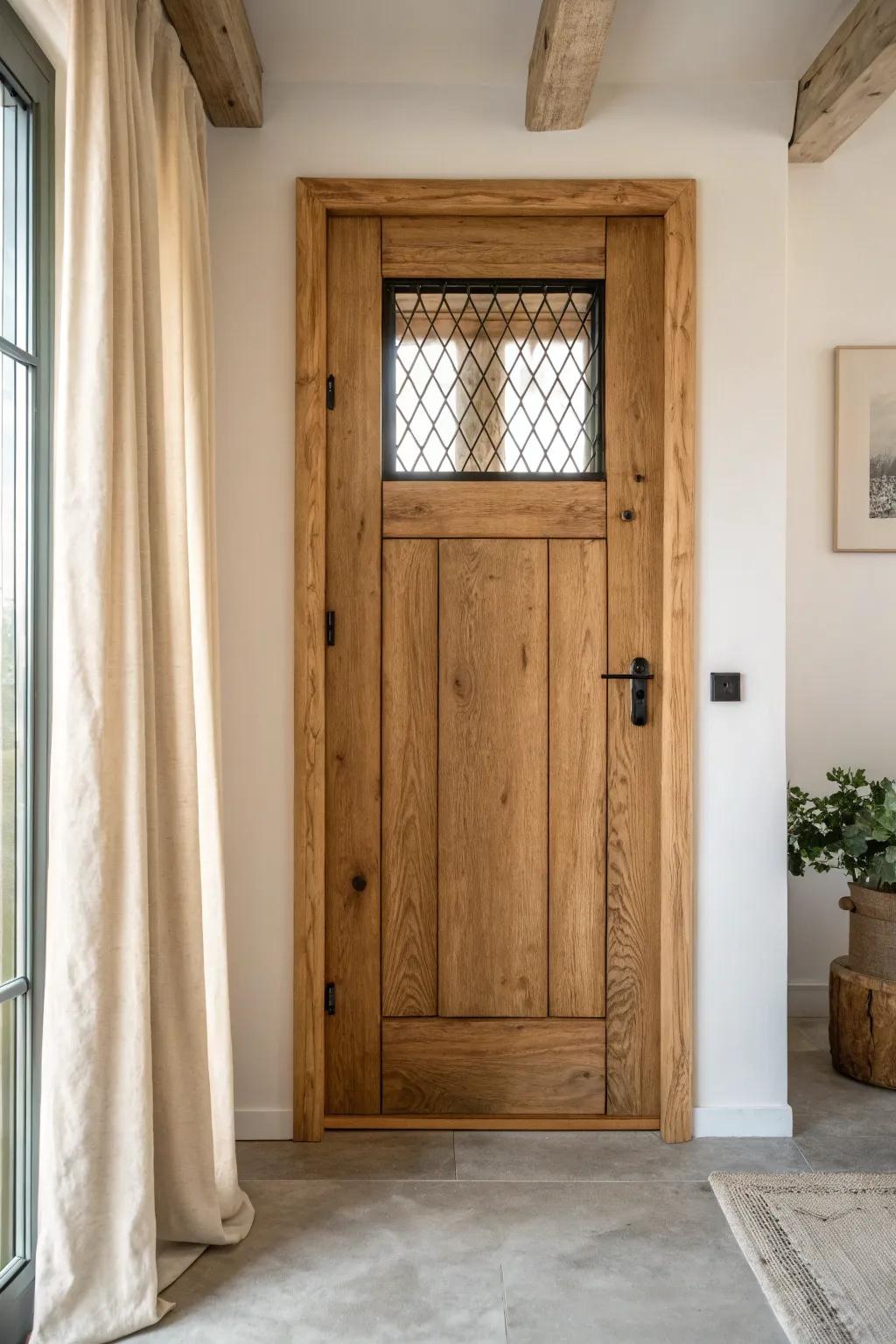 Rustic farmhouse door with a metal-mesh window insert—airy texture and timeless charm.