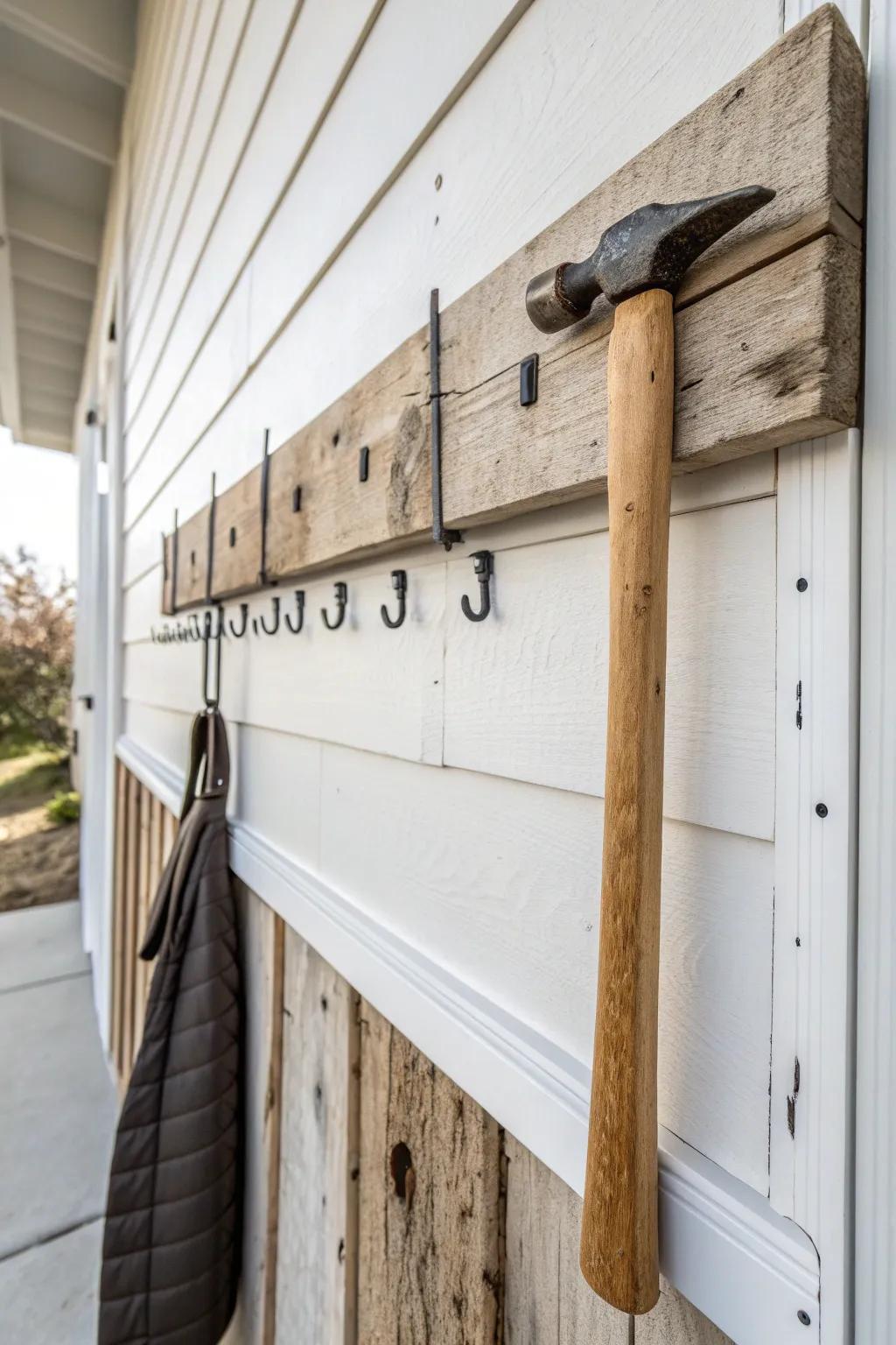 Weathered reclaimed wood peg rail—farmhouse garage storage that looks effortlessly styled.